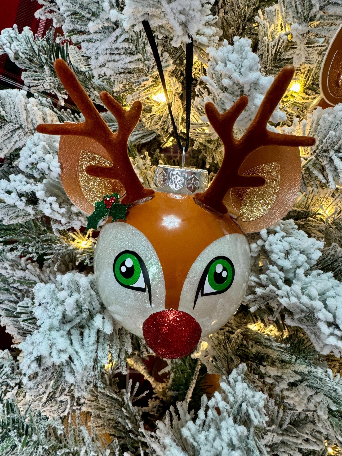 Kawaii Reindeer Christmas Ornament: Glitter Shatterproof Ornament with Felt Details