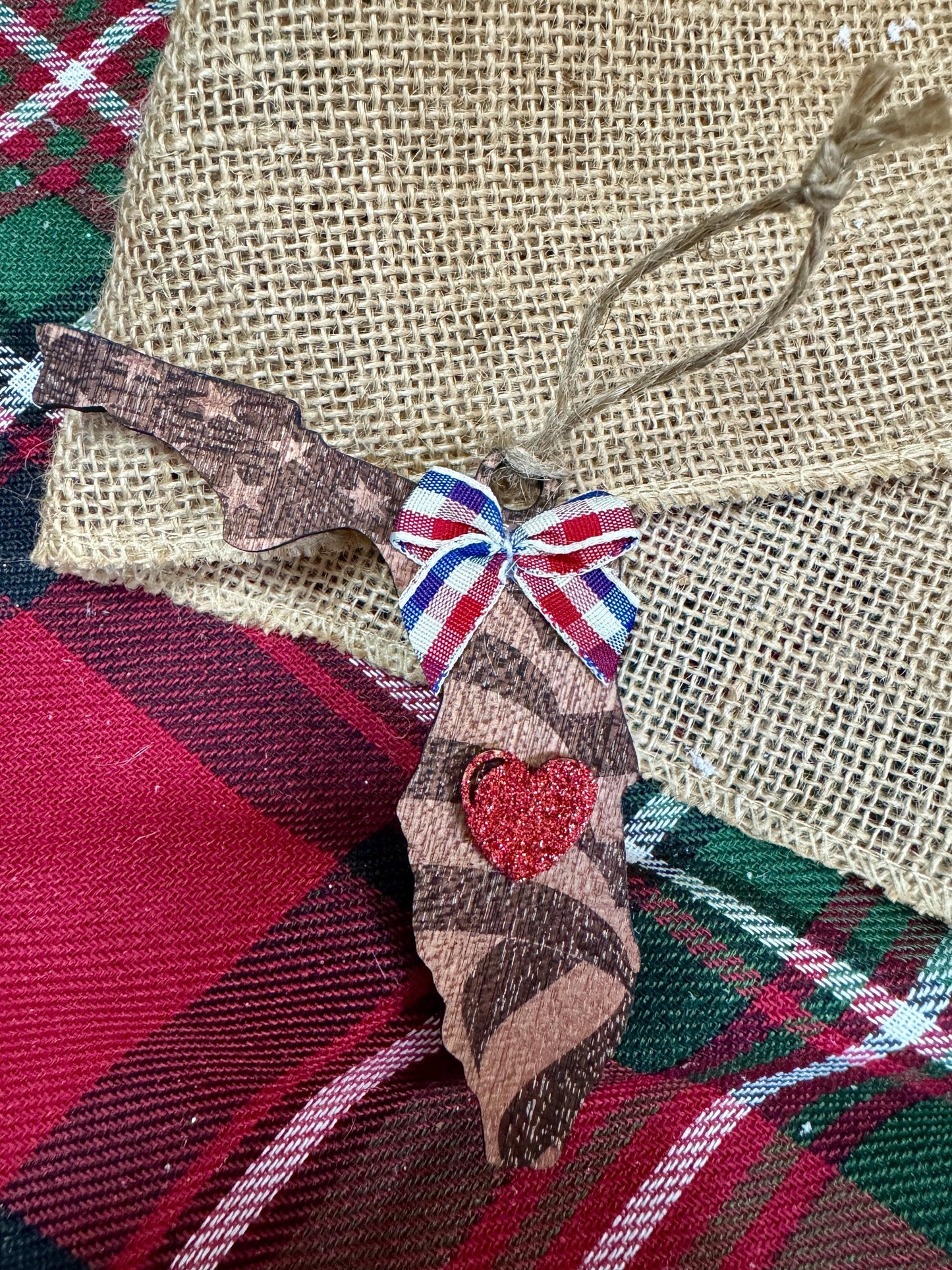 Custom State Ornament: Engraved American Flag, Red Glitter Heart
