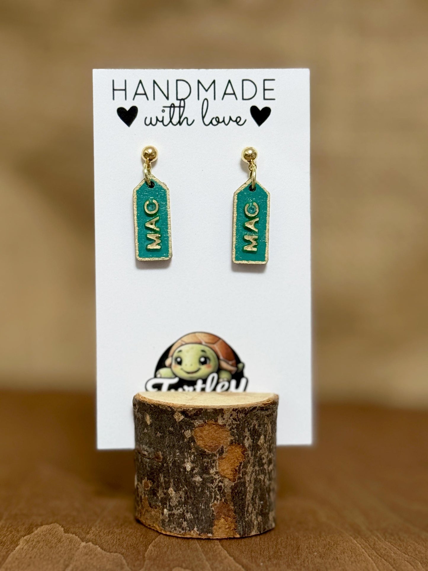 Custom Name Tag Earrings: Handpainted Wood, 14K Gold Posts