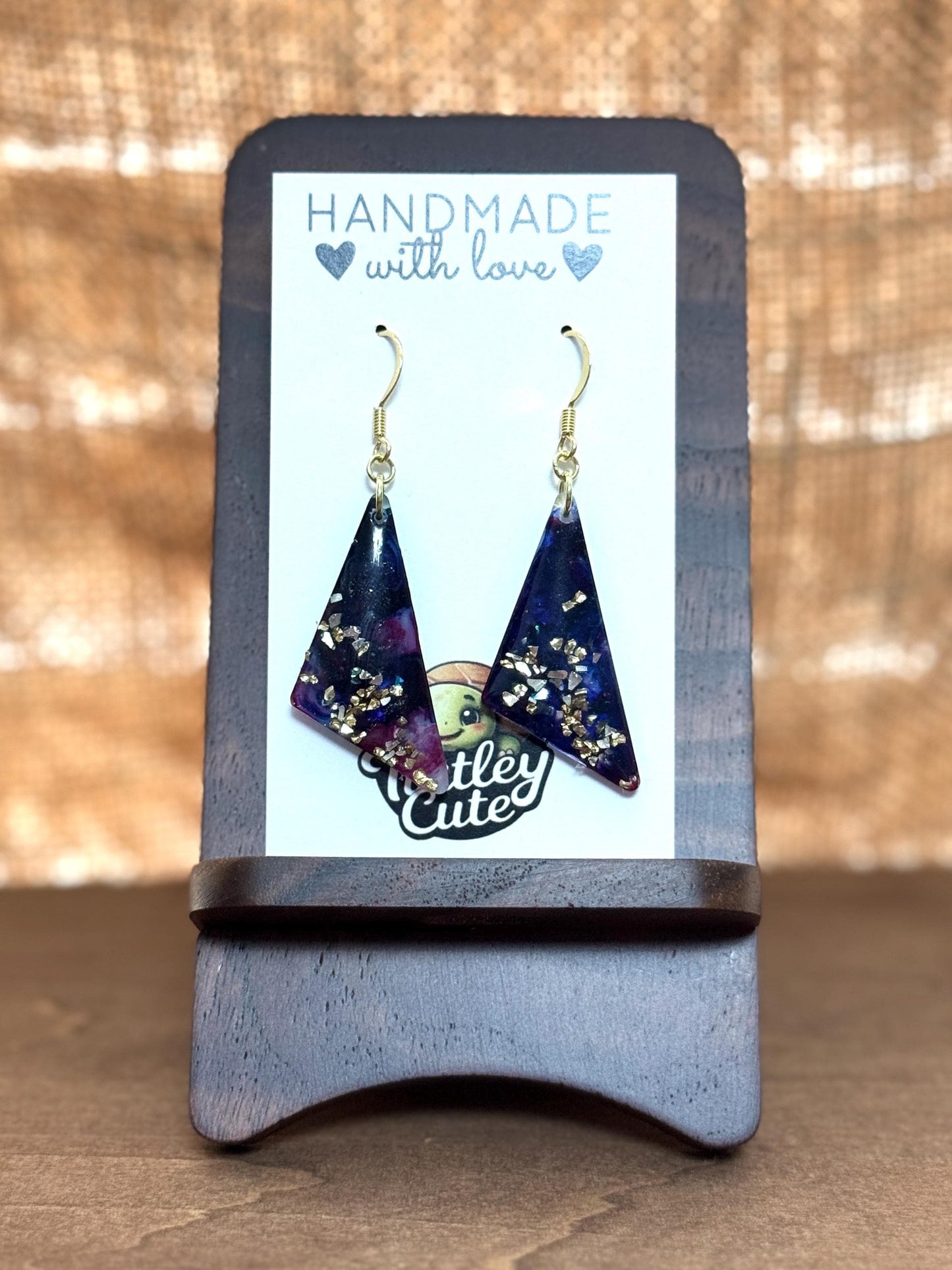 Handmade Resin Dangle Earrings: Dark Blue, Fuchsia Accent, Gold French Hook