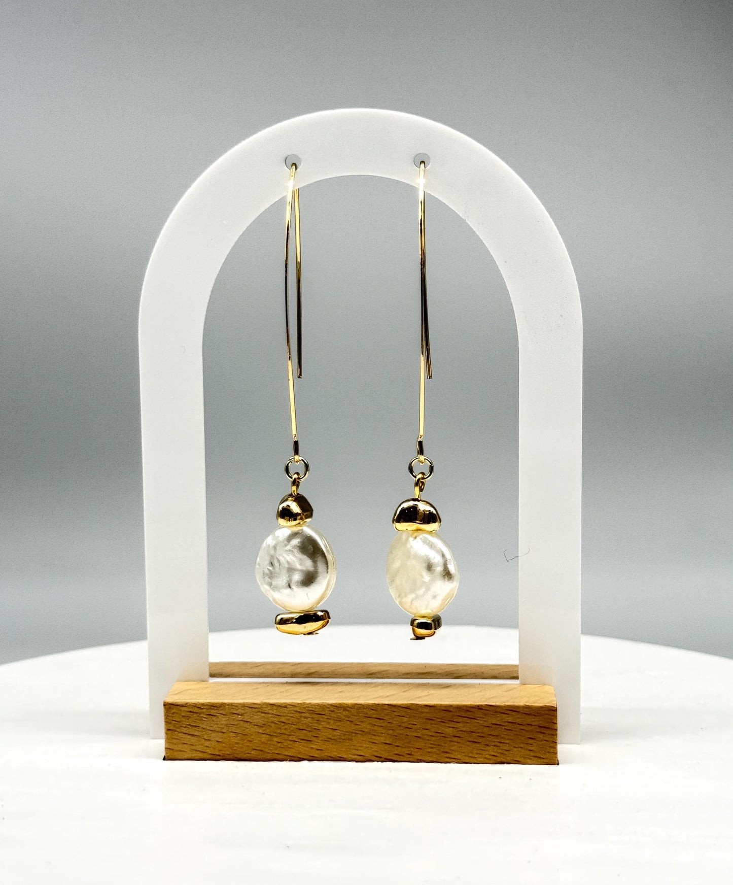 Handcrafted Gold-Tone Pearl Drop Earrings: Elegant Dangle Jewelry