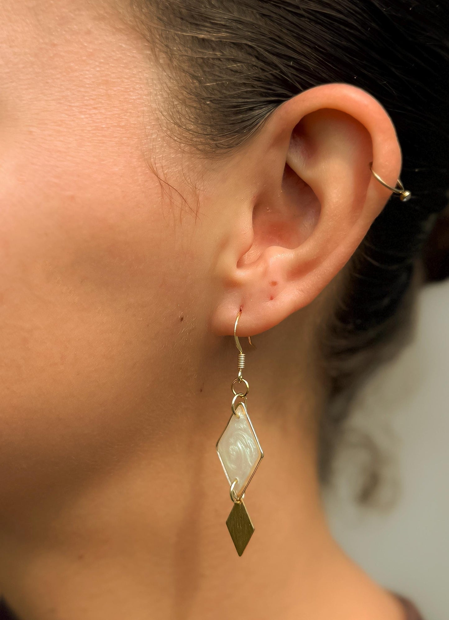 Gold Geometric Earrings: Pearlescent White Resin Diamond Dangle