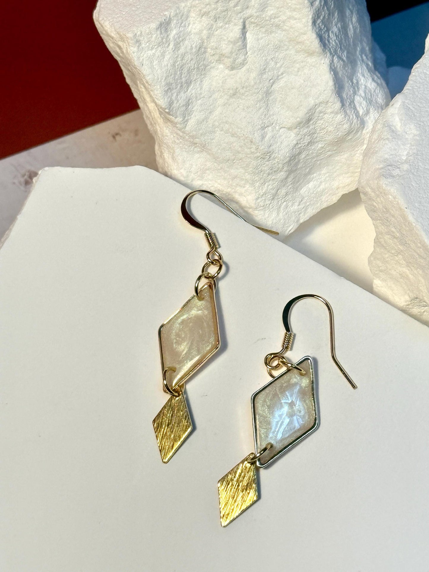 Gold Geometric Earrings: Pearlescent White Resin Diamond Dangle