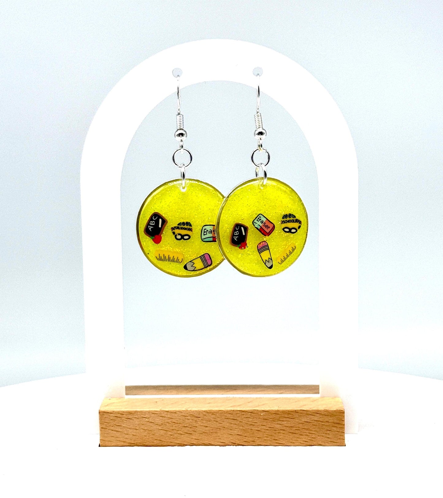 Cheerful Fun Teacher Appreciation Earrings – Sparkling Yellow Glitter & School Dangles