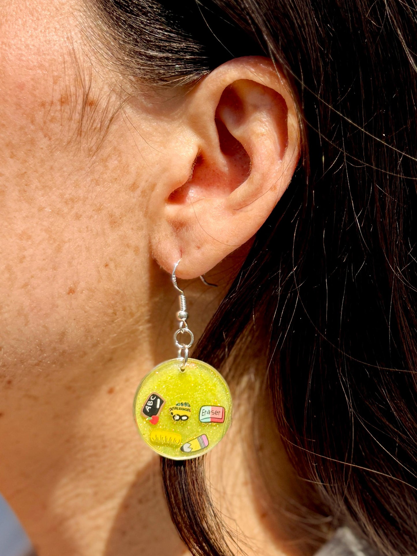 Cheerful Fun Teacher Appreciation Earrings – Sparkling Yellow Glitter & School Dangles