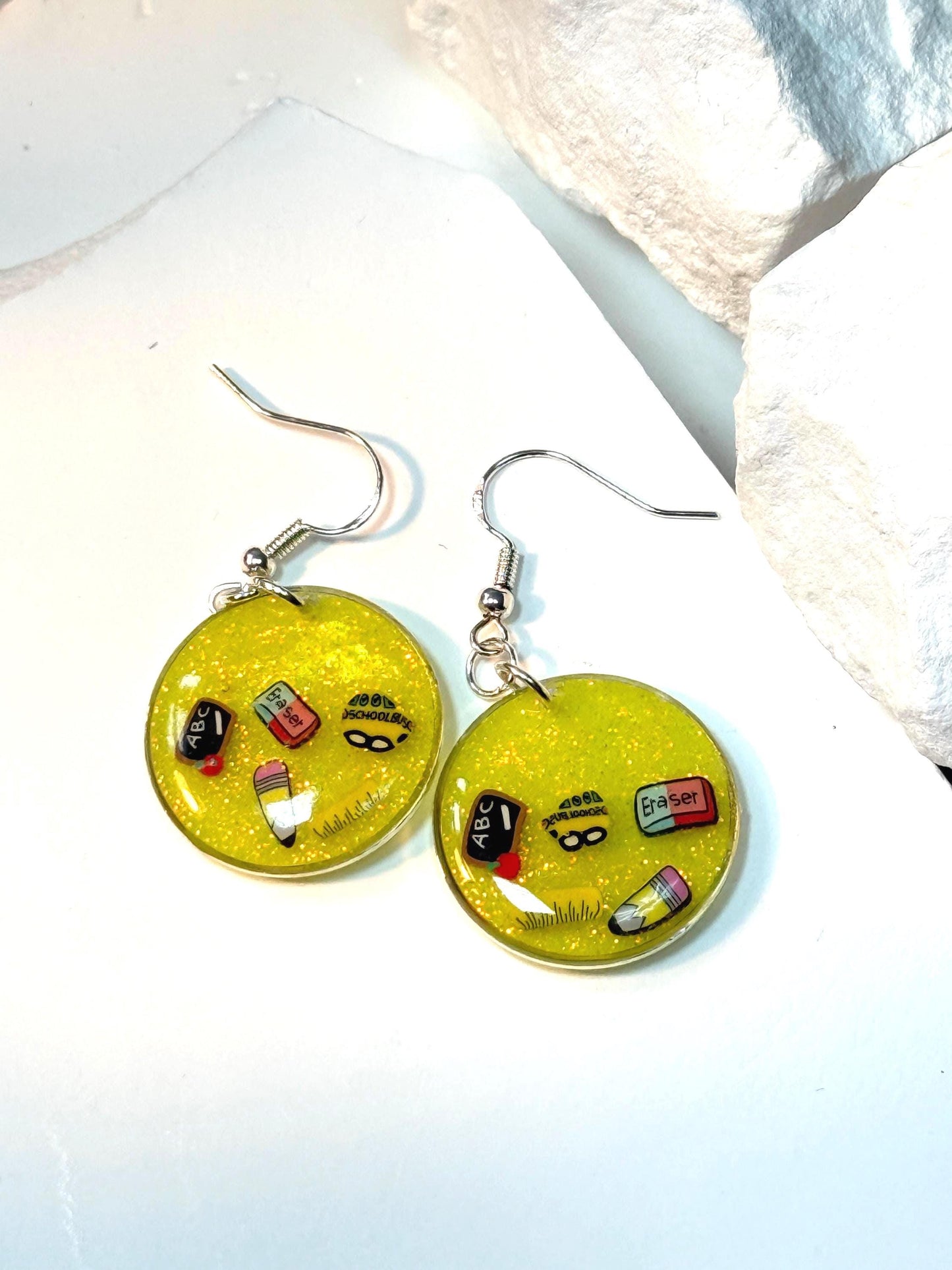 Cheerful Fun Teacher Appreciation Earrings – Sparkling Yellow Glitter & School Dangles