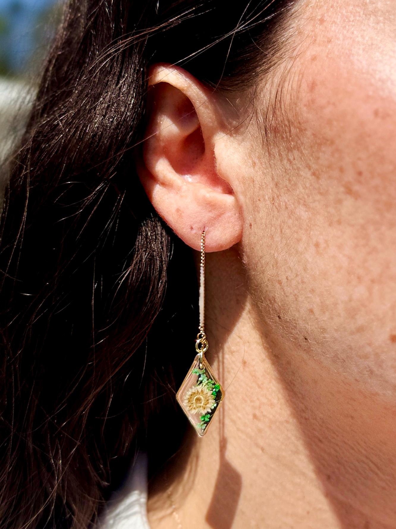 Handmade Diamond Resin Earrings: White Flowers, Gold Threader Chain