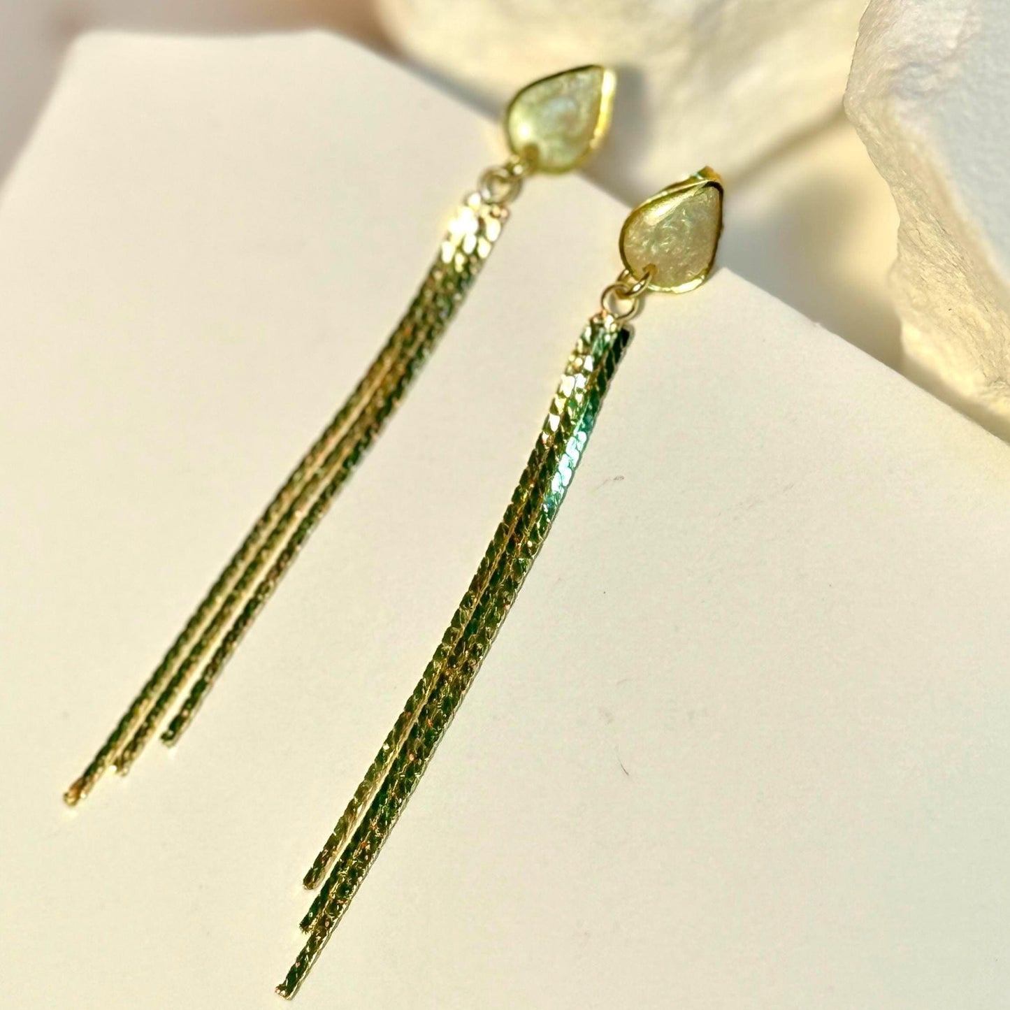Handmade Gold Tassel Earrings: Pearlescent Resin Teardrop Dangle