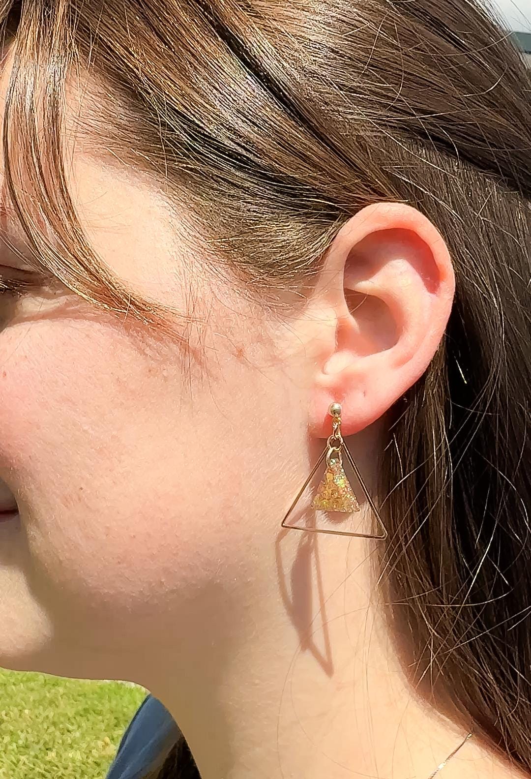 Glitter Resin Triangle Earrings: Gold Confetti Dangle Statement Earrings