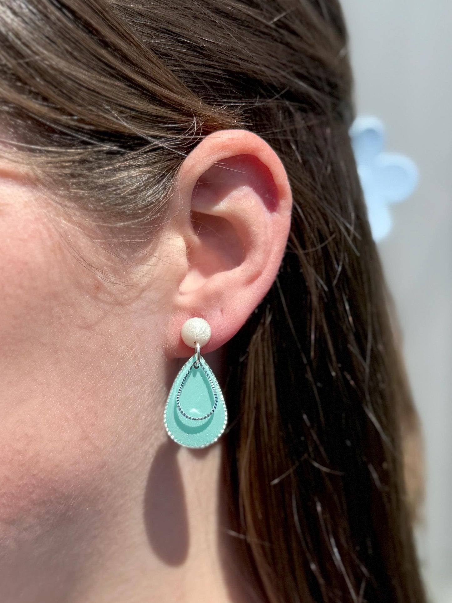 Teardrop Earrings, Resin Earrings, Pearl Stud Dangle | Teal Layered Drops, Handmade Statement Gift for Her