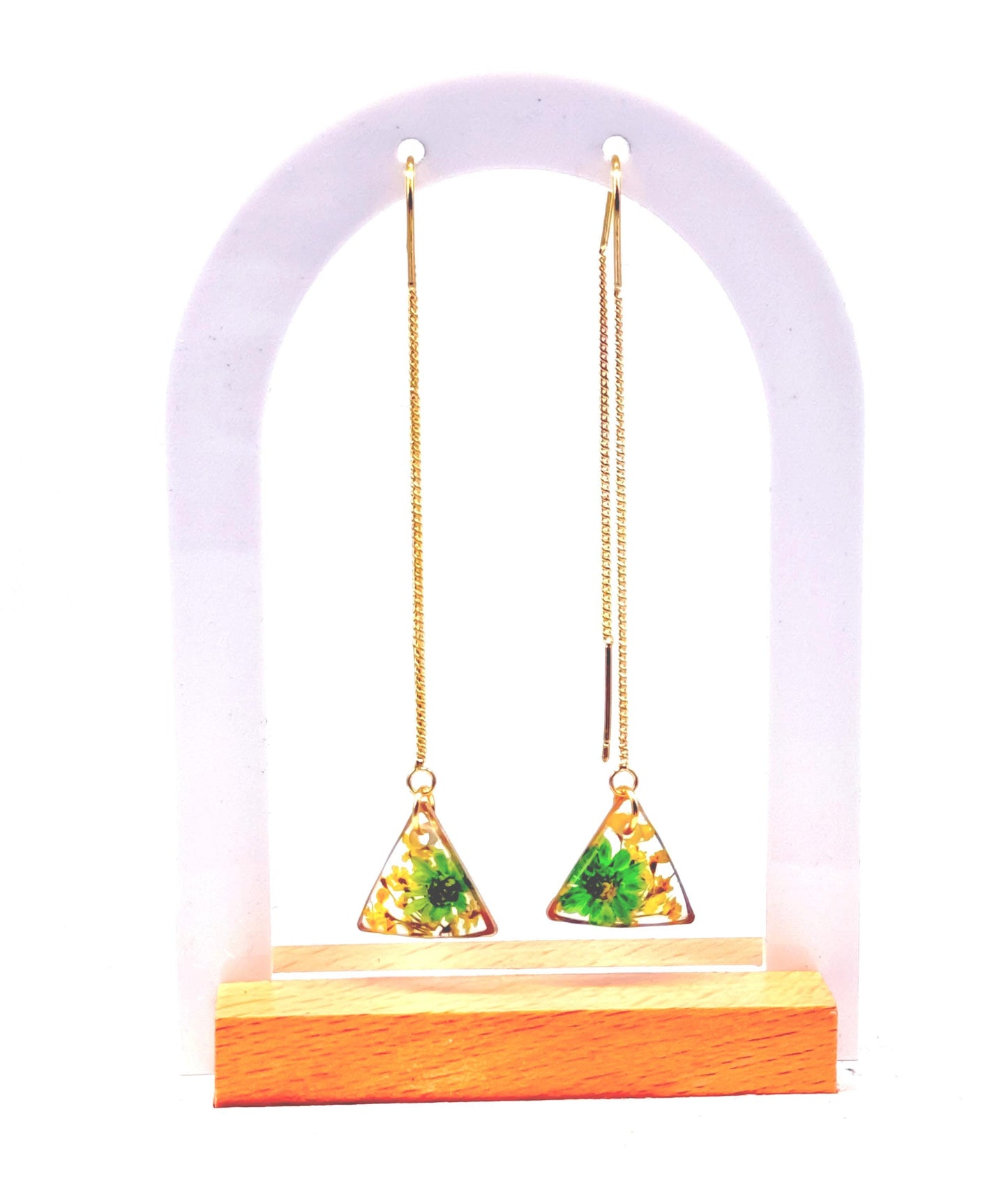 Handcrafted Resin Triangle Earrings – Green Floral Accents with Gold Threader