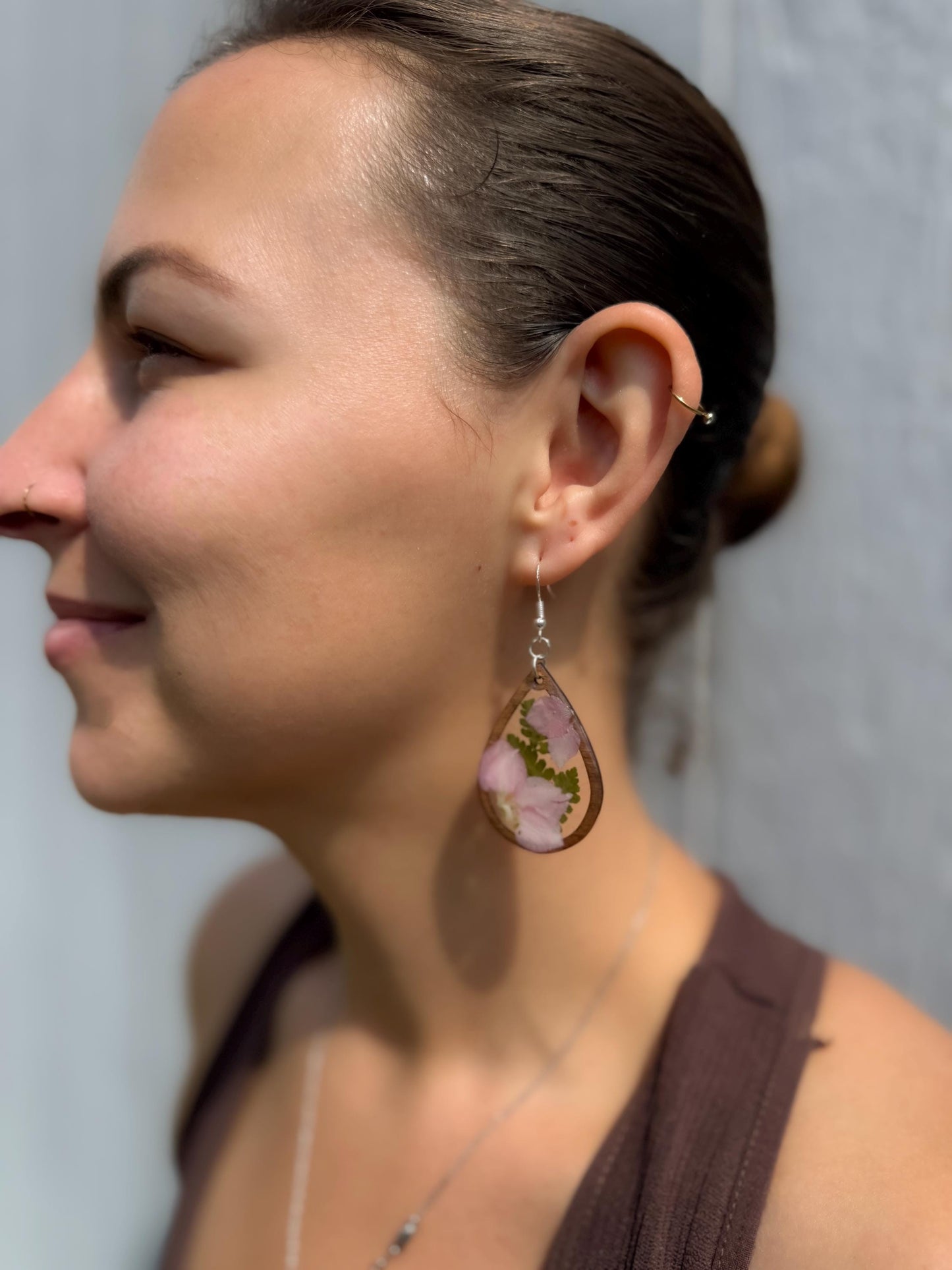 Pink Real Flower Resin & Wood Teardrop Earrings – Handmade Botanical Jewelry