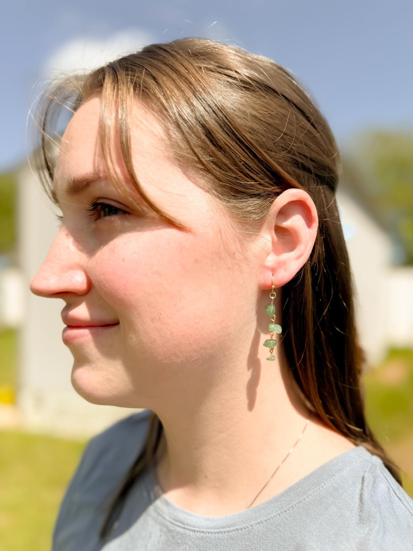 Green Stone Chip Dangle Earrings – Handmade Real Gemstone Jewelry