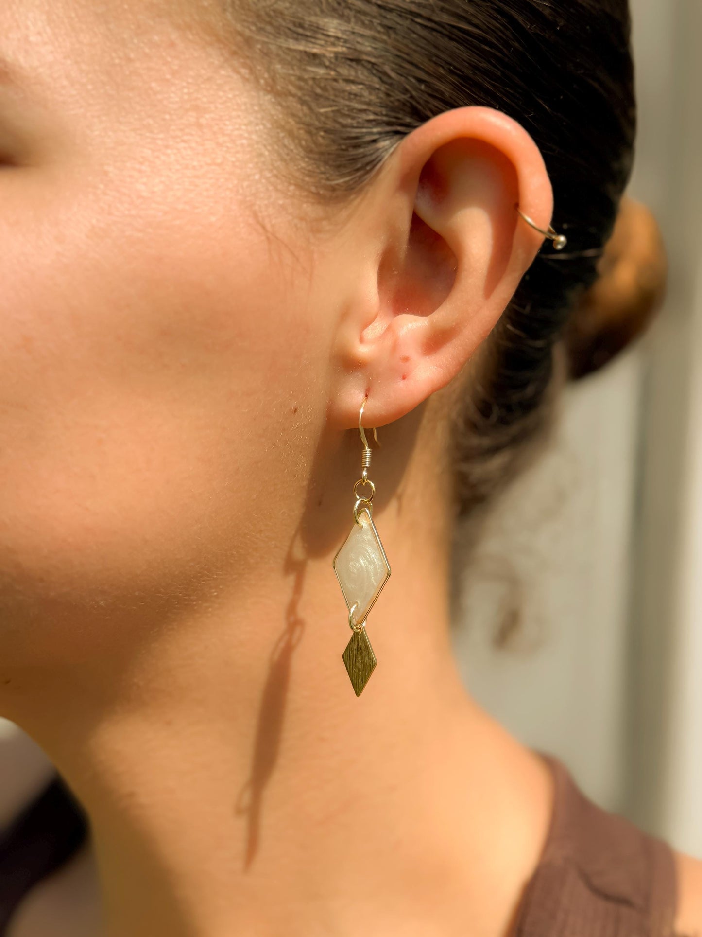 Gold Geometric Earrings: Pearlescent White Resin Diamond Dangle