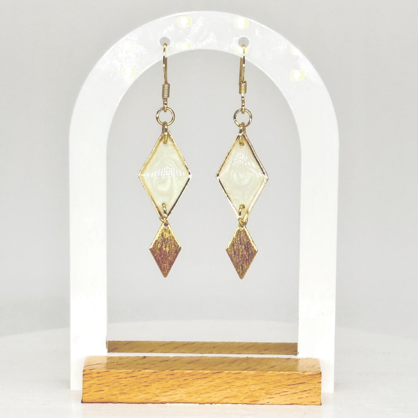Gold Geometric Earrings: Pearlescent White Resin Diamond Dangle