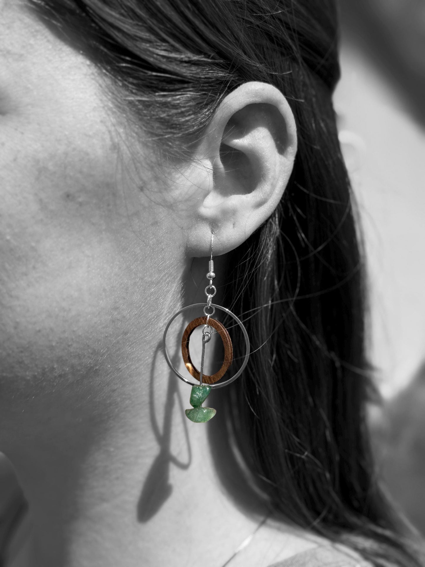 Handcrafted Wood & Green Stone Silver Hoop Earrings | Nature-Inspired Boho Jewelry