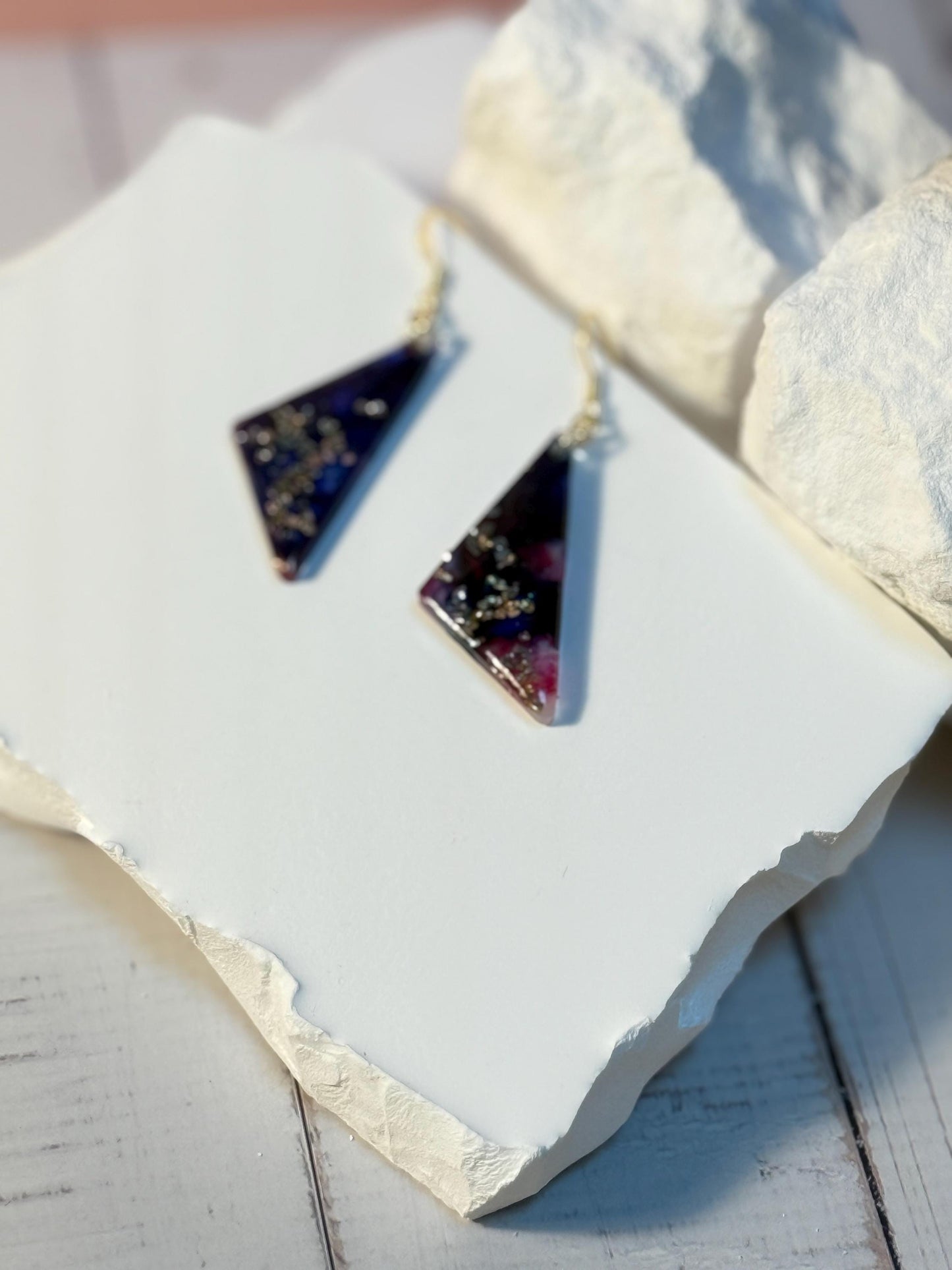 Handmade Resin Dangle Earrings: Dark Blue, Fuchsia Accent, Gold French Hook
