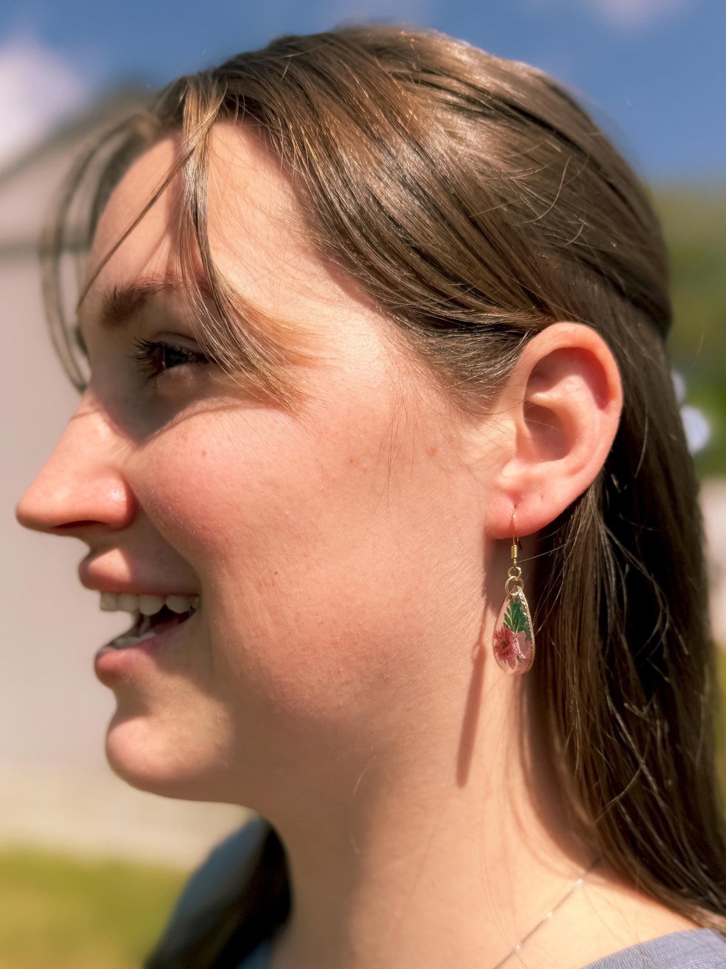 Elegant Resin Earrings with Pink Pressed Flowers & Green Leaves