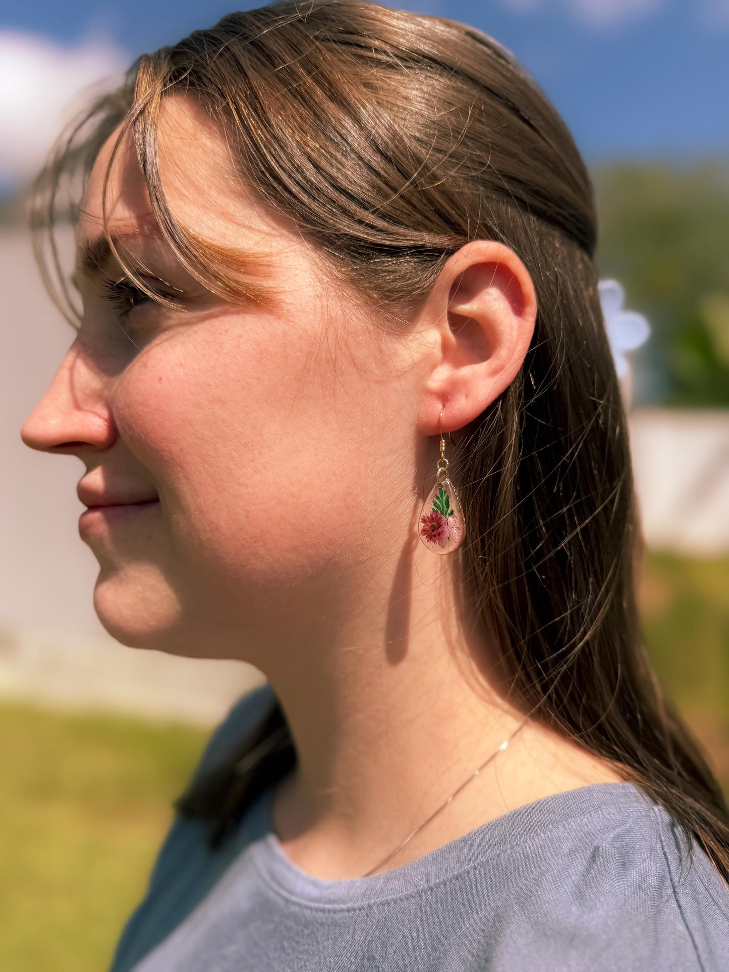 Elegant Resin Earrings with Pink Pressed Flowers & Green Leaves