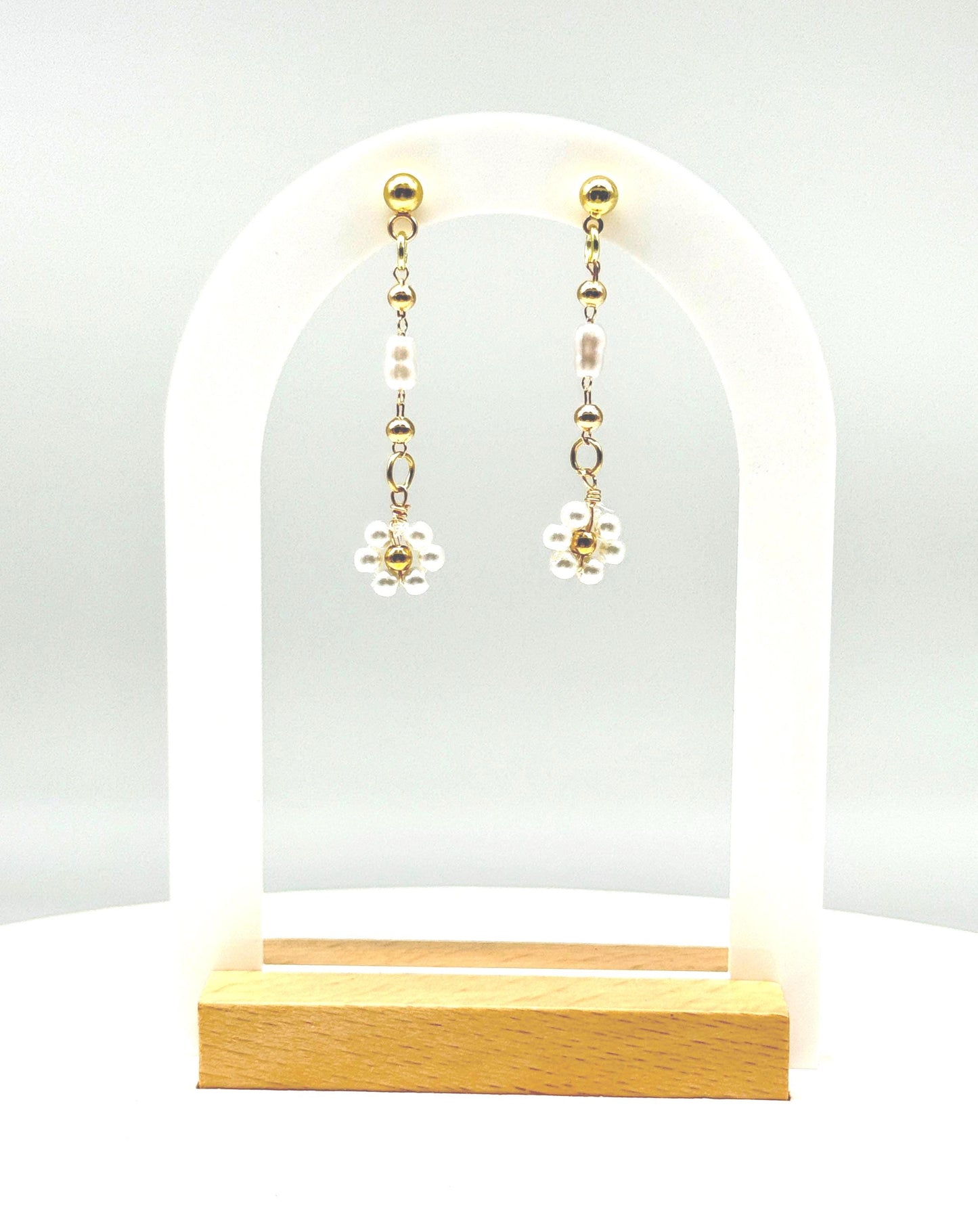Bride Style Delicate Drop Floral Beaded Earrings – Handmade Pearl Dangle Beaded Jewelry