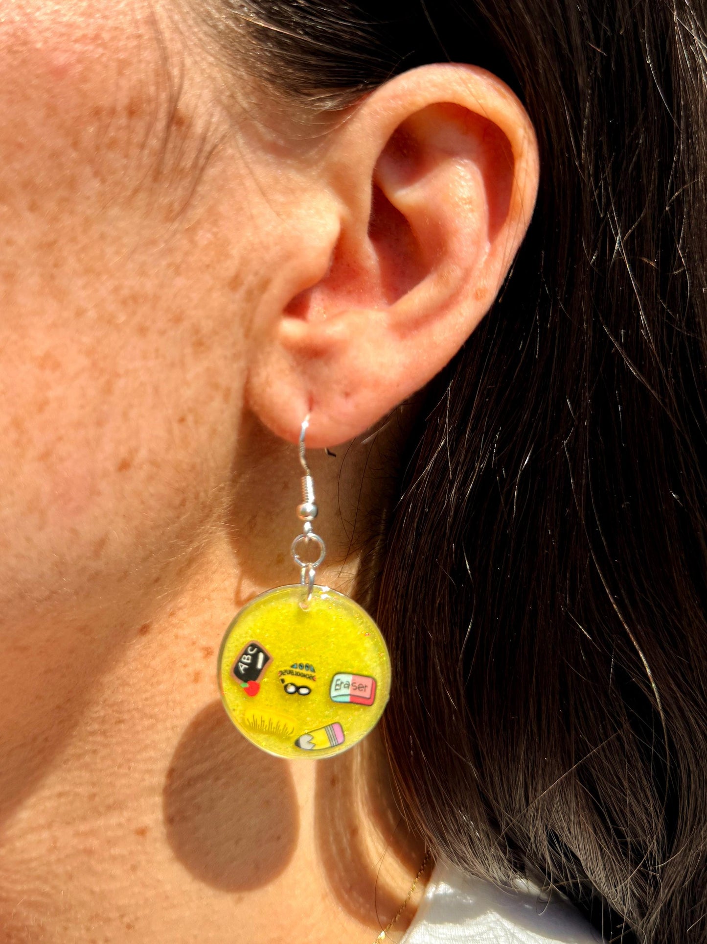 Cheerful Fun Teacher Appreciation Earrings – Sparkling Yellow Glitter & School Dangles
