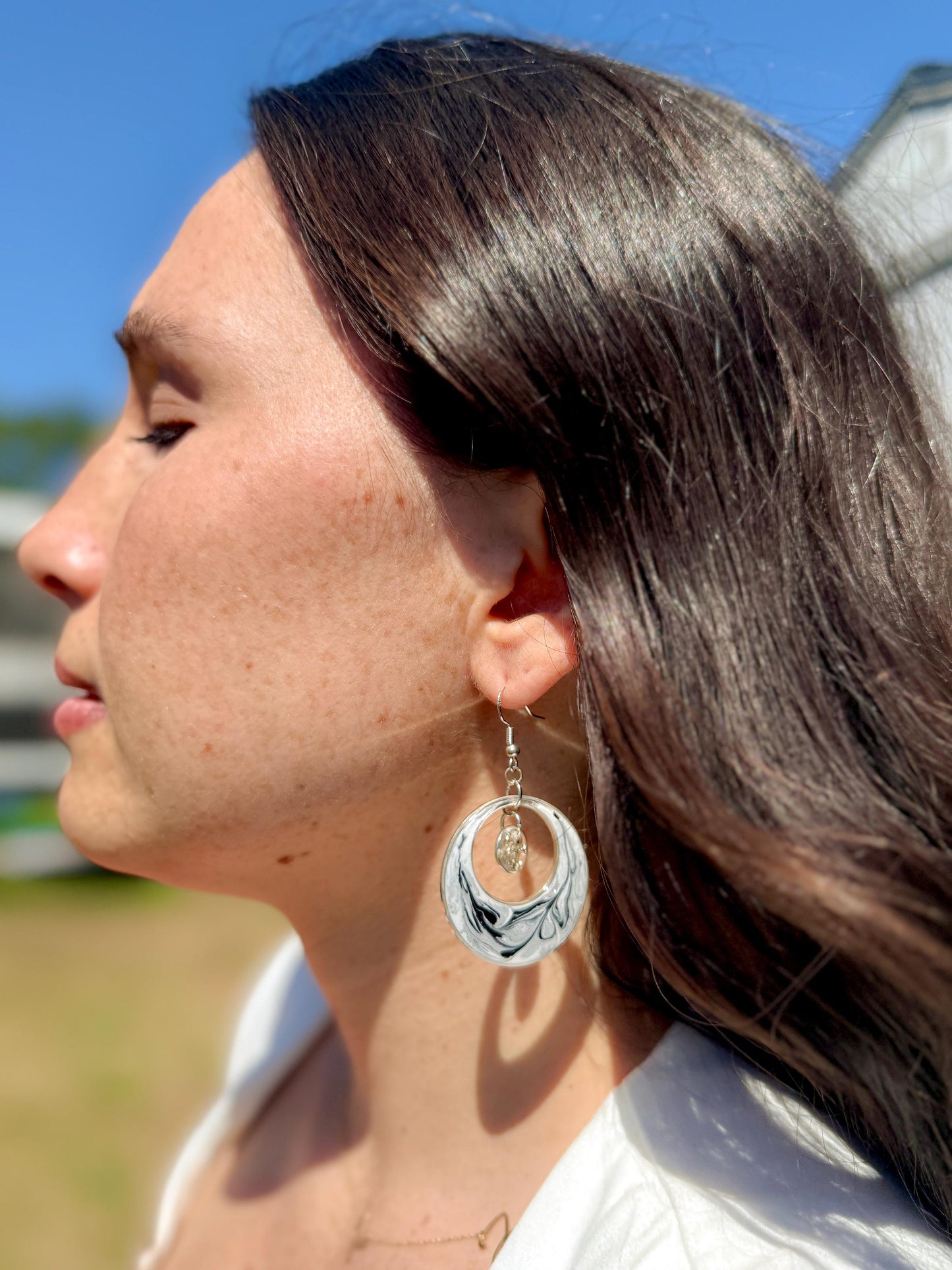 Handmade Swirl Resin Hoop Earrings – Modern Monochrome Design with Silver Accents