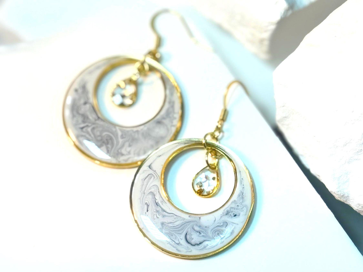Handmade Swirl Resin Hoop Earrings – Modern Marble Design with Gold Accents