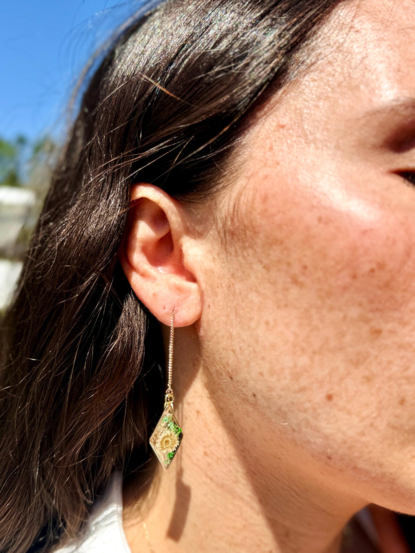 Handmade Diamond Resin Earrings: White Flowers, Gold Threader Chain