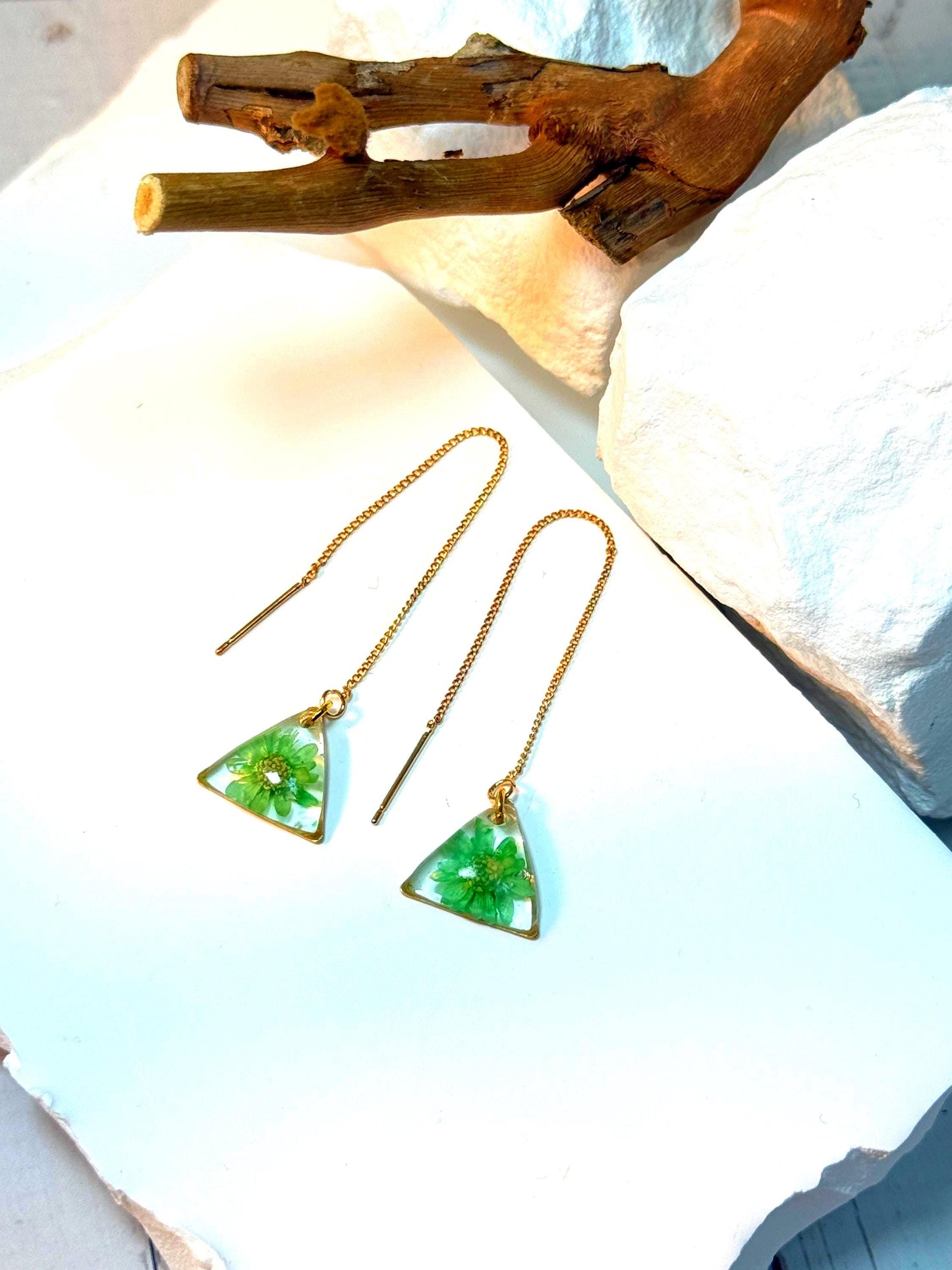 Resin Earrings – Real Green Flowers in Gold Triangle Pendant