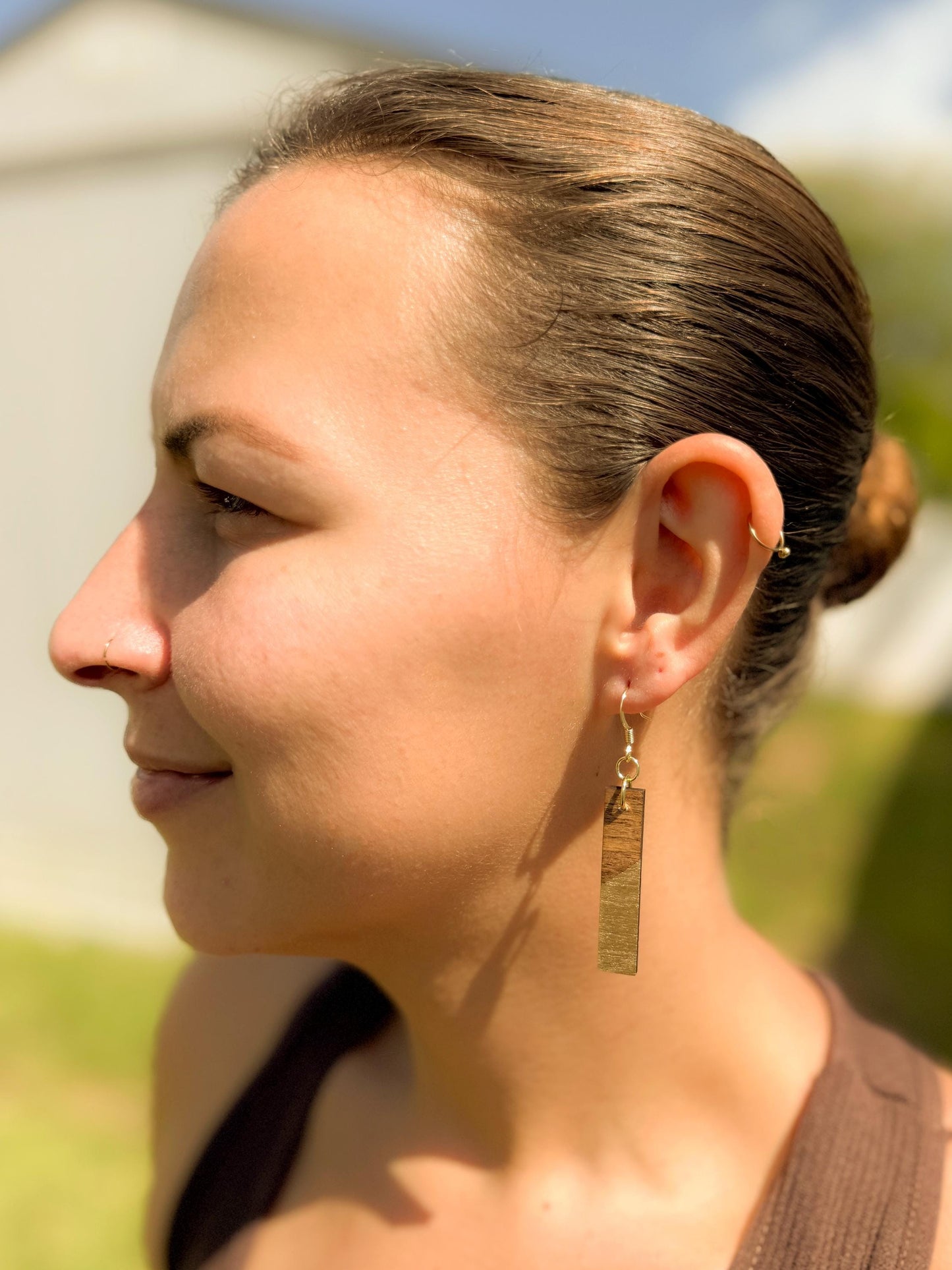 Wood Dangle Earrings: Gold Accent, Geometric Handmade Jewelry