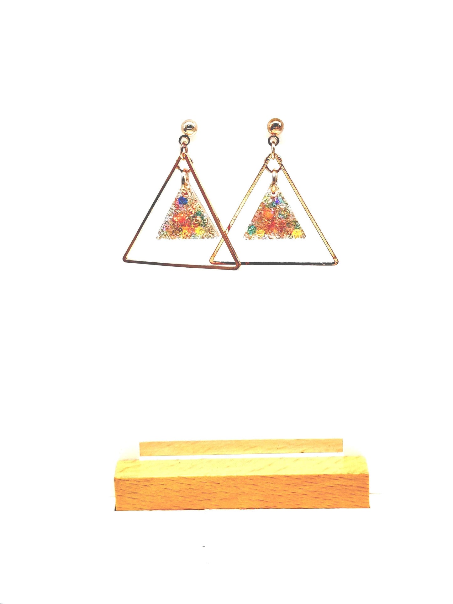 Glitter Resin Triangle Earrings: Gold Confetti Dangle Statement Earrings