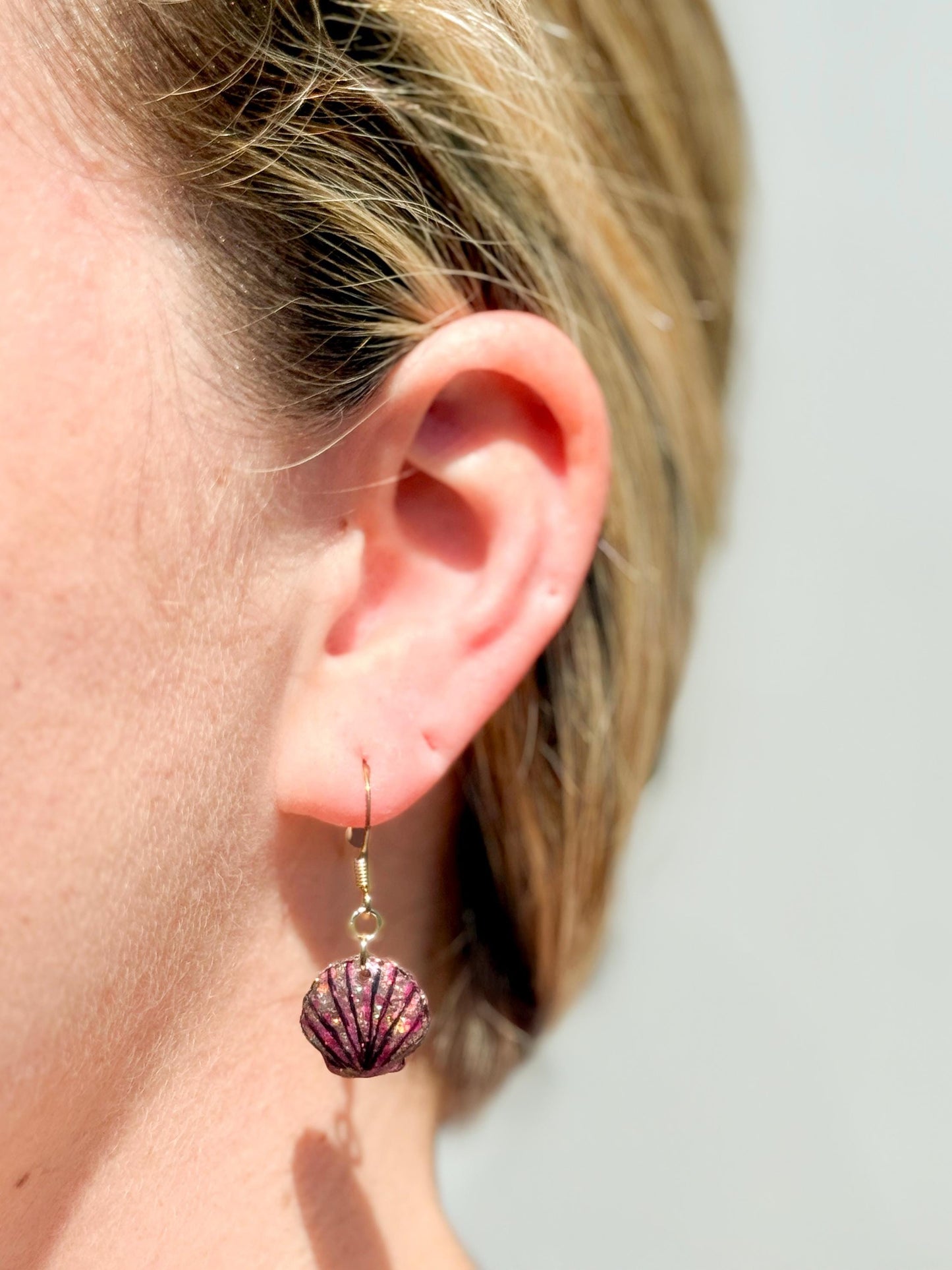 Glitter Resin Seashell Earrings: Hand-Painted Black Detail, Beach Jewelry