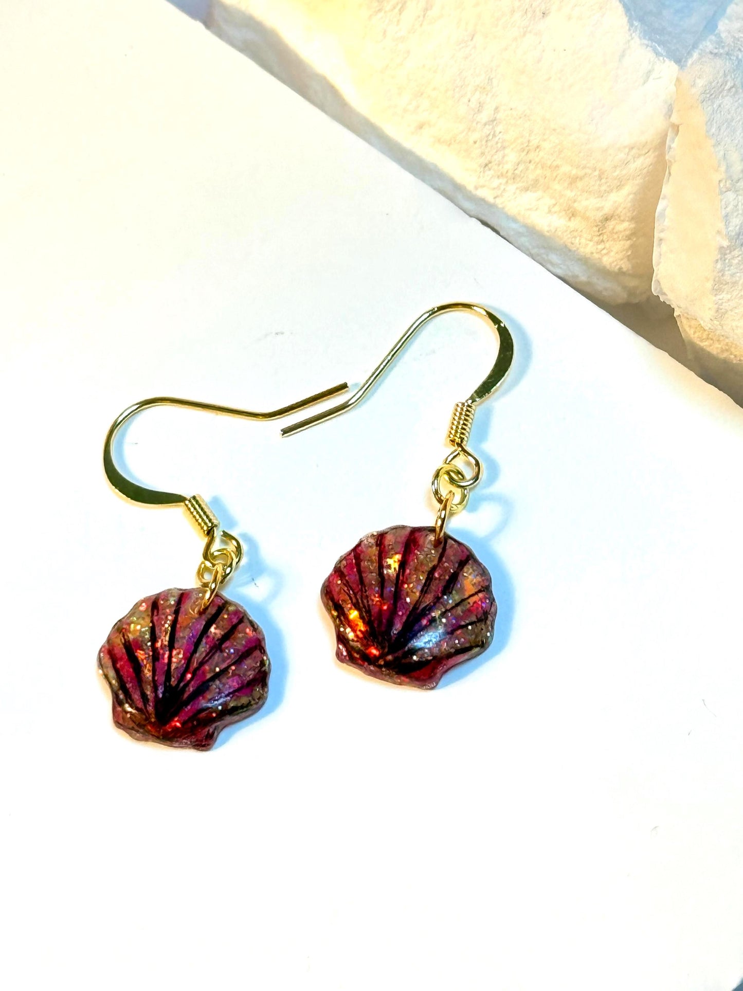 Glitter Resin Seashell Earrings: Hand-Painted Black Detail, Beach Jewelry