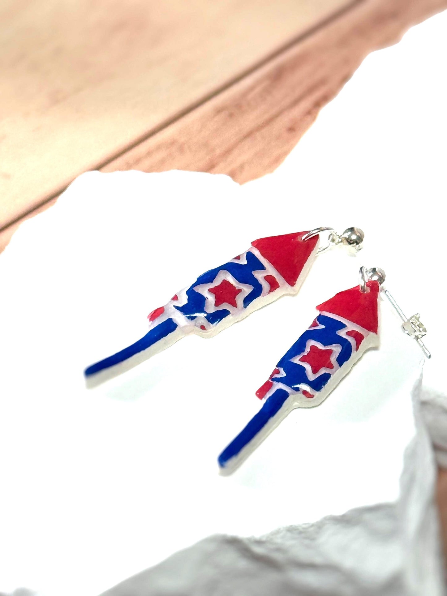 Firework Rocket Earrings: Hand-Painted Patriotic Dangle - Gift Boxed