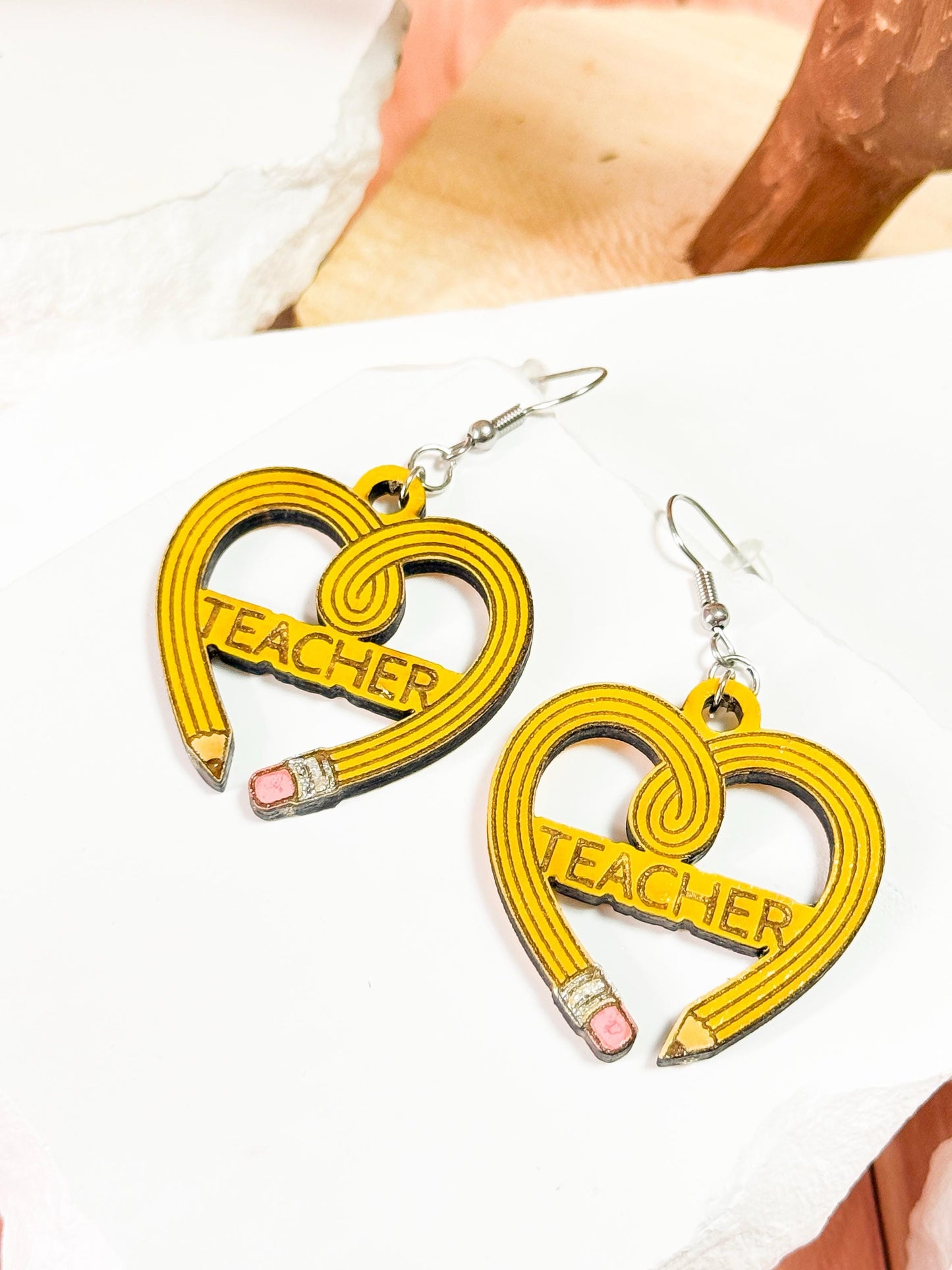 Customizable Teacher Pencil Heart Earrings – Woodcut & Engraved Design