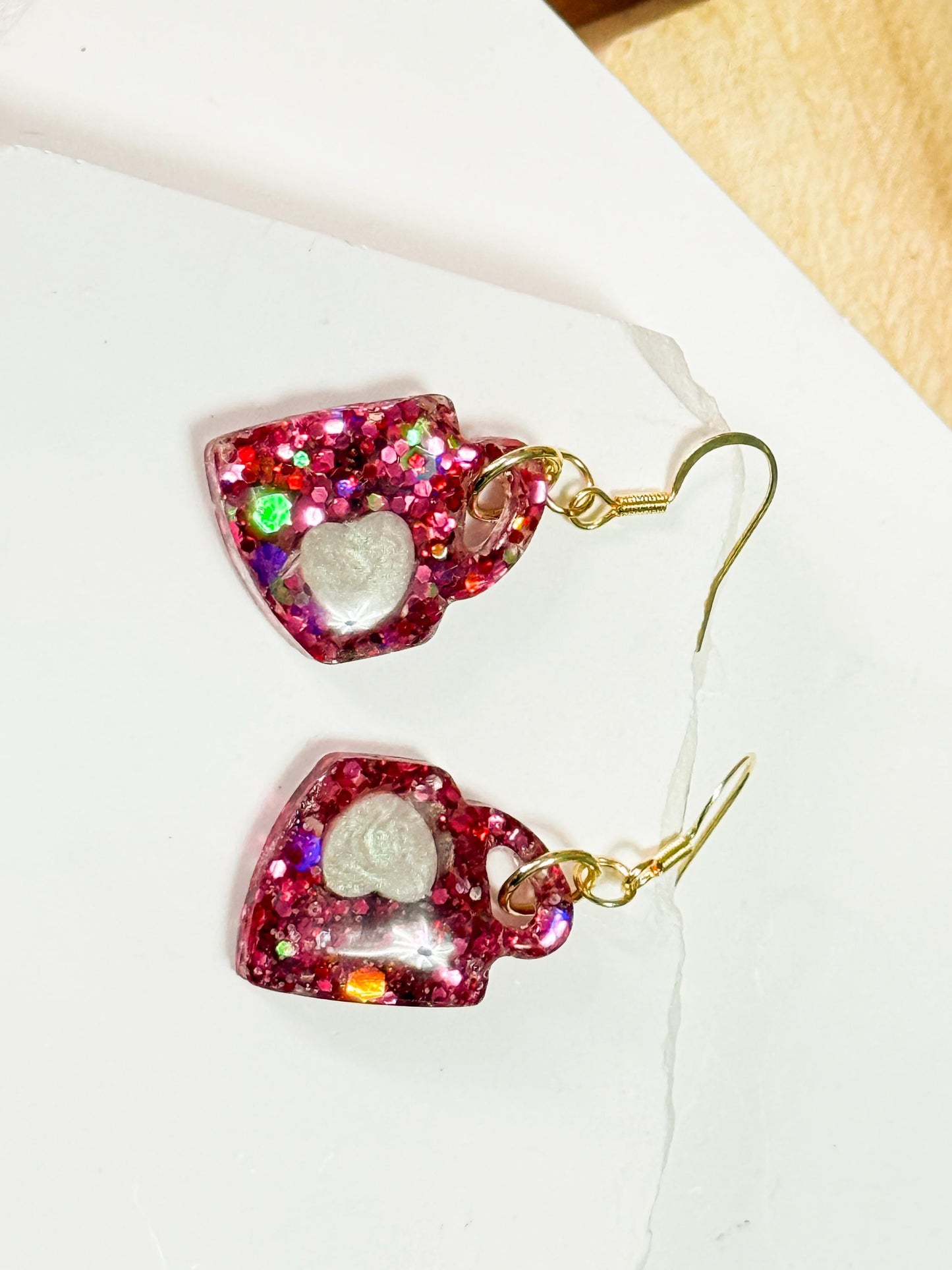 Coffee Mug Earrings, Pink Resin Earrings | Glitter Cup Dangle • Handmade Barista-Lover Gift