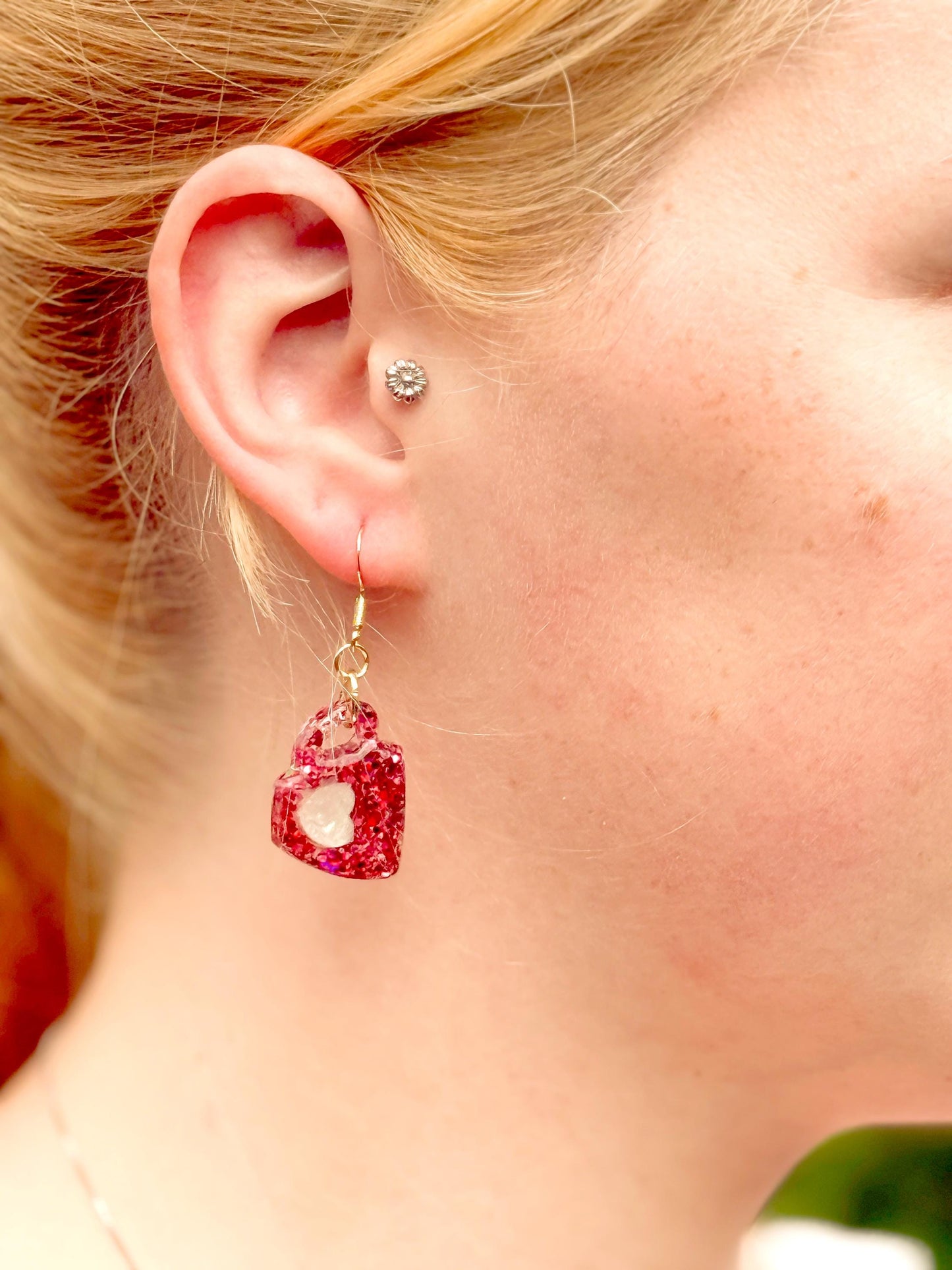 Coffee Mug Earrings, Pink Resin Earrings | Glitter Cup Dangle • Handmade Barista-Lover Gift