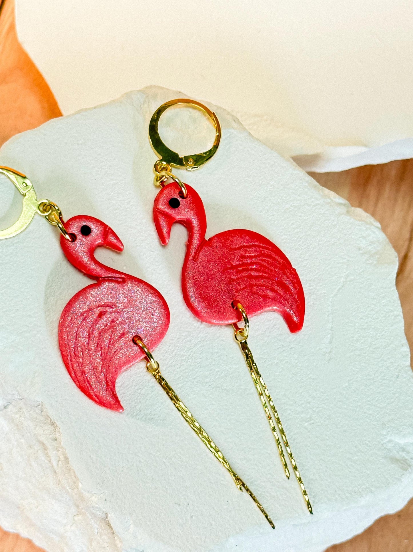 Flamingo Earrings: Pearlescent Pink Polymer Clay Dangles with 14K Gold-Plated Legs