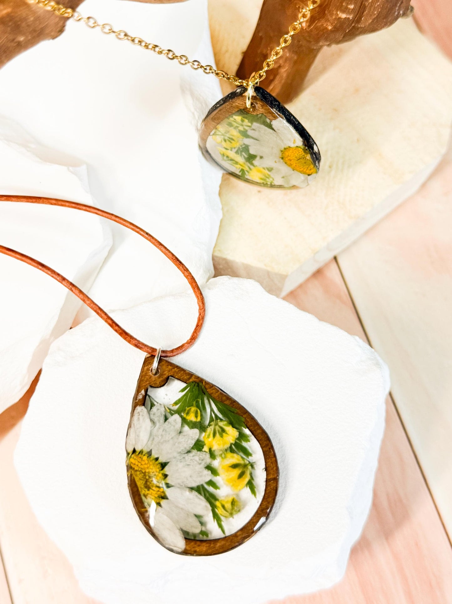 Real Daisy Teardrop Necklace: Resin Pendant, Wood Frame, Gold Chain or Leather Cord