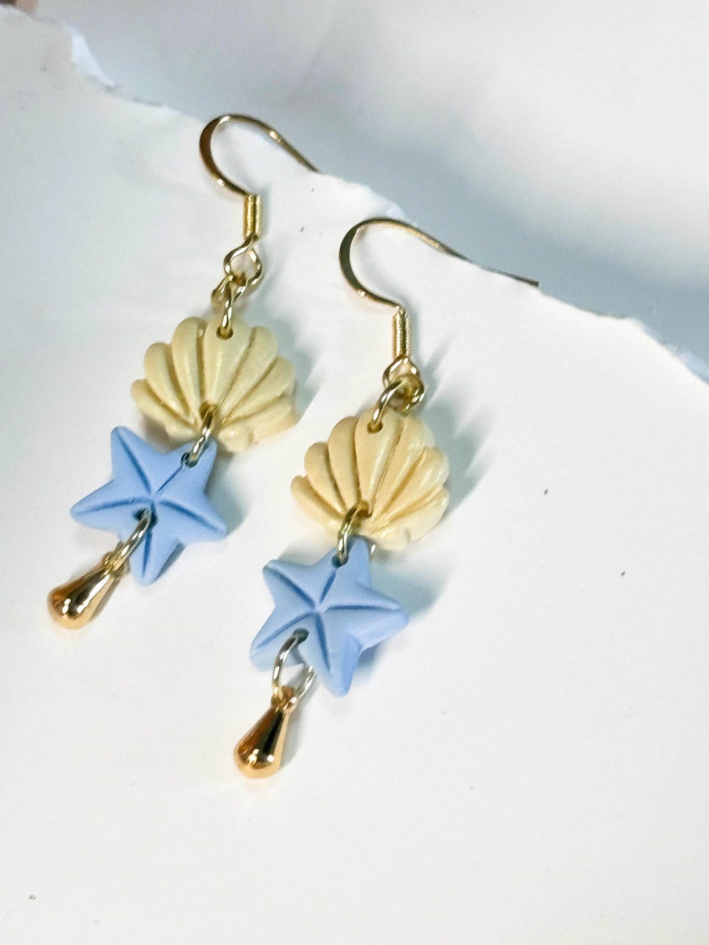 Polymer Clay Seashell Starfish Earrings: Handmade Gold Dangle Beach Jewelry