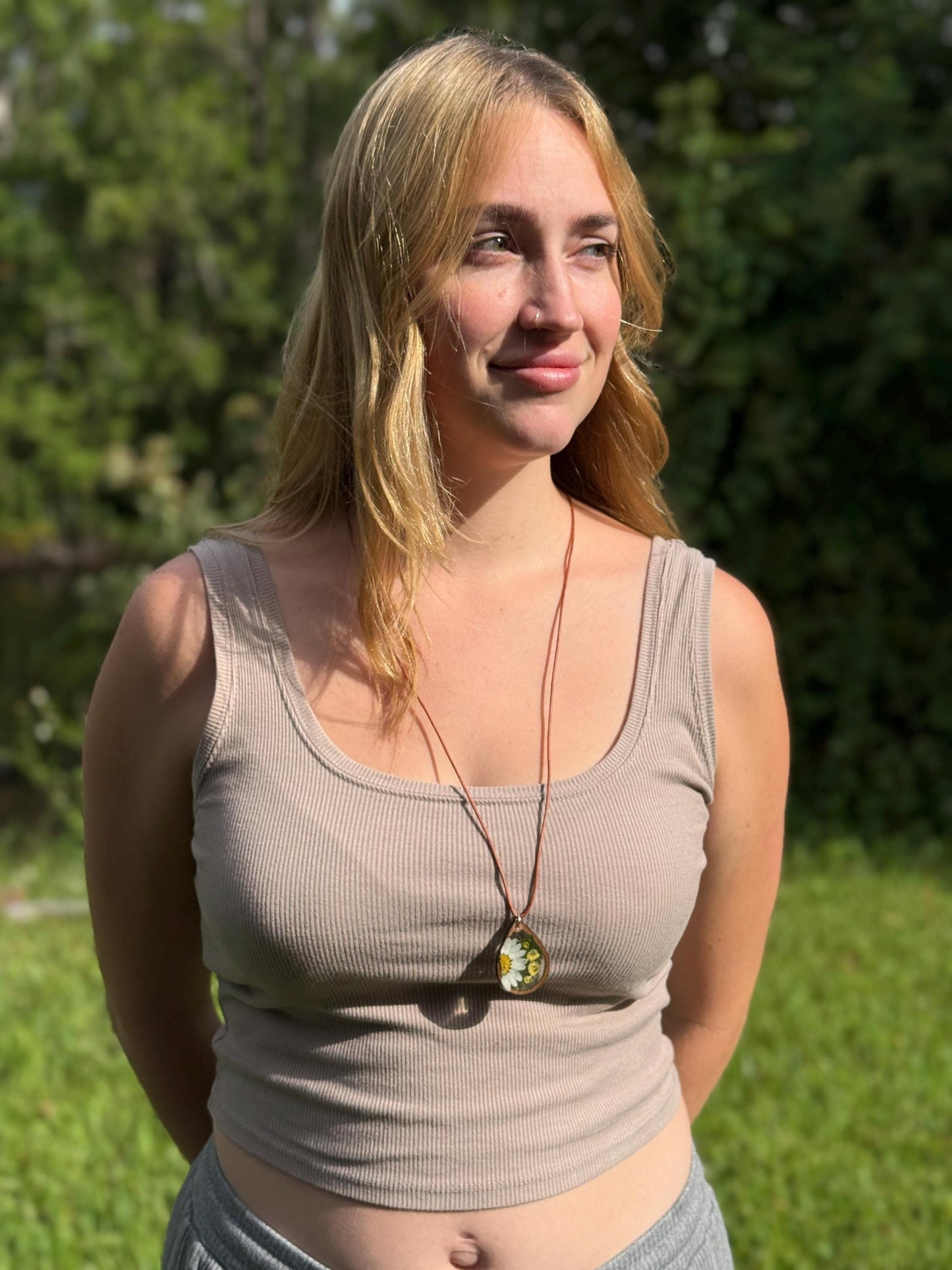 Real Daisy Teardrop Necklace: Resin Pendant, Wood Frame, Gold Chain or Leather Cord