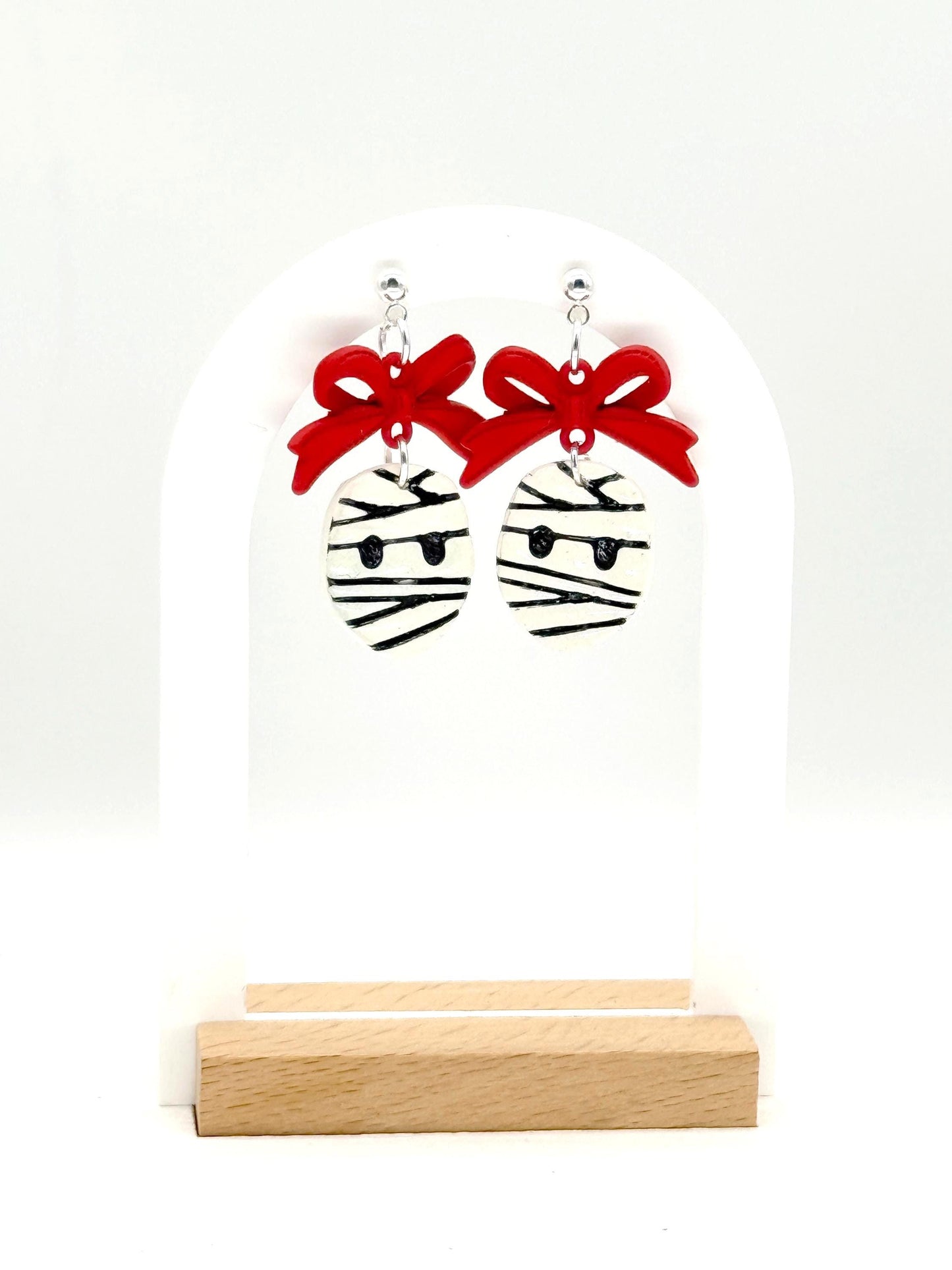 Mummy Polymer Clay Earrings: Red Bow Dangles, Halloween Novelty Jewelry