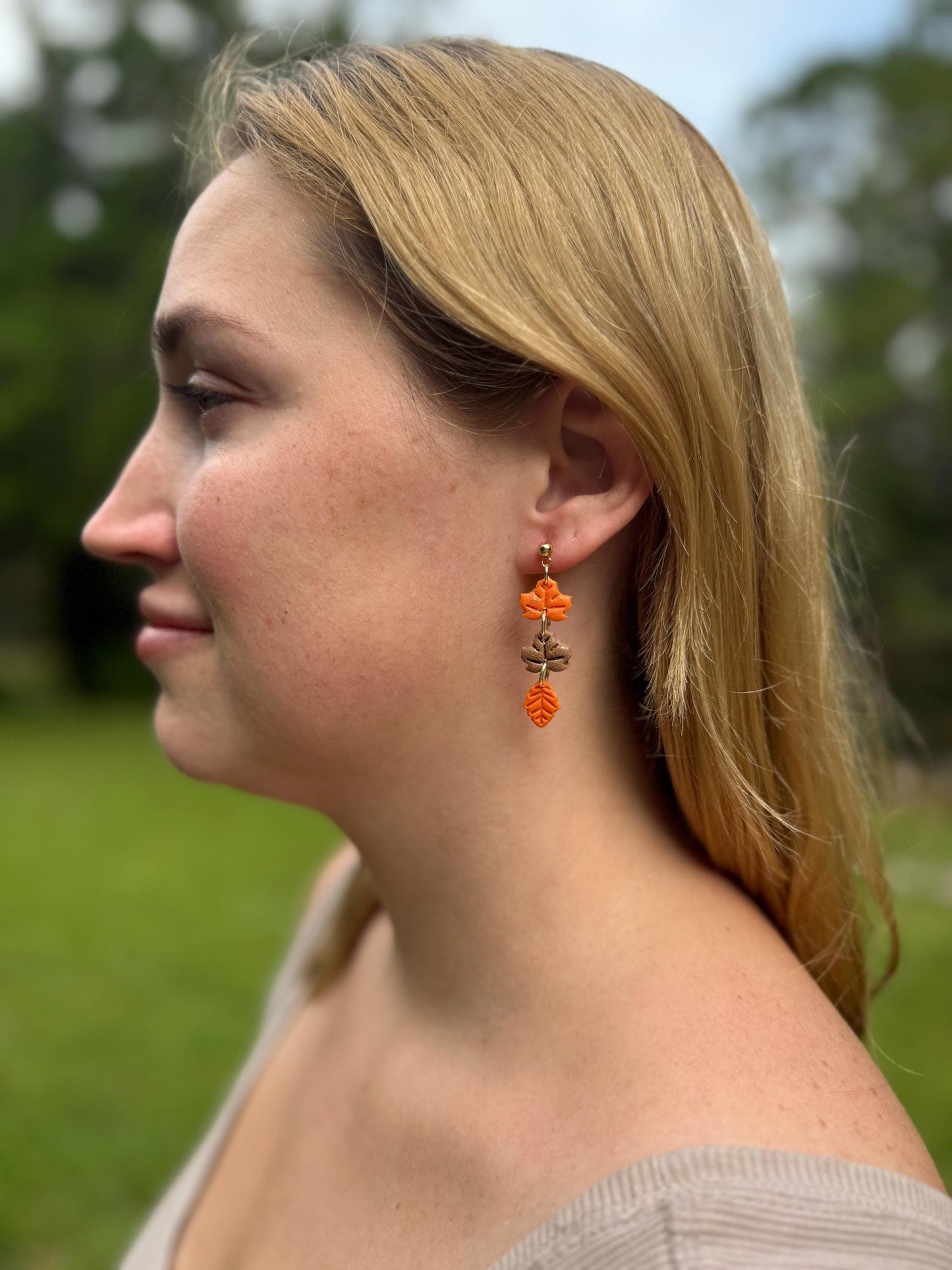 Polymer Clay Fall Leaf Earrings: Glittering Maple & Oak, Gold Posts