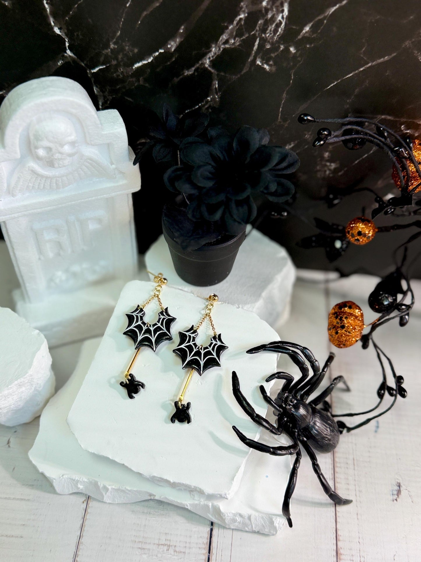 Spiderweb Ghost Dangle Earrings: Black & Gold Polymer Clay, Gold-Plated