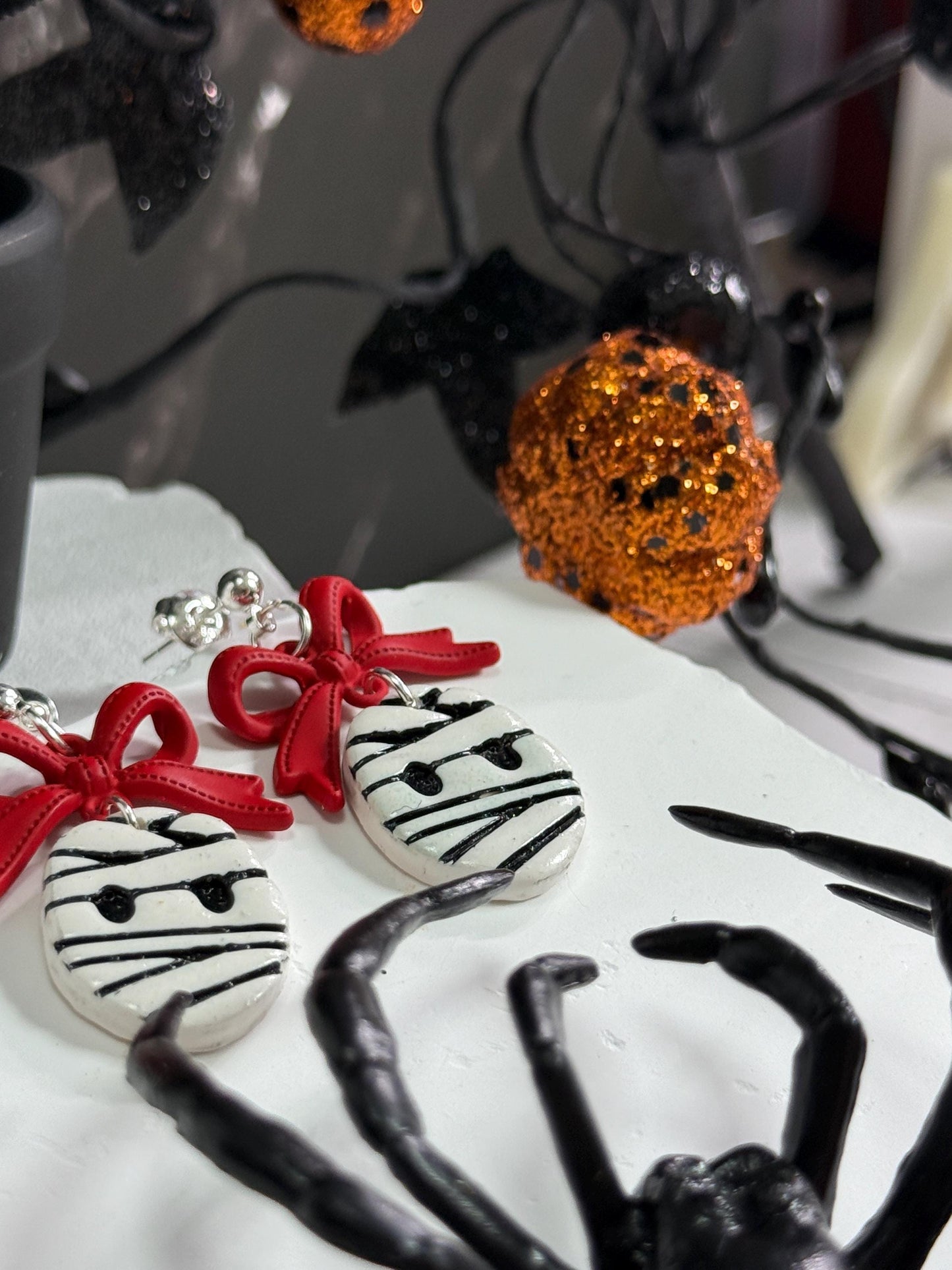 Mummy Polymer Clay Earrings: Red Bow Dangles, Halloween Novelty Jewelry