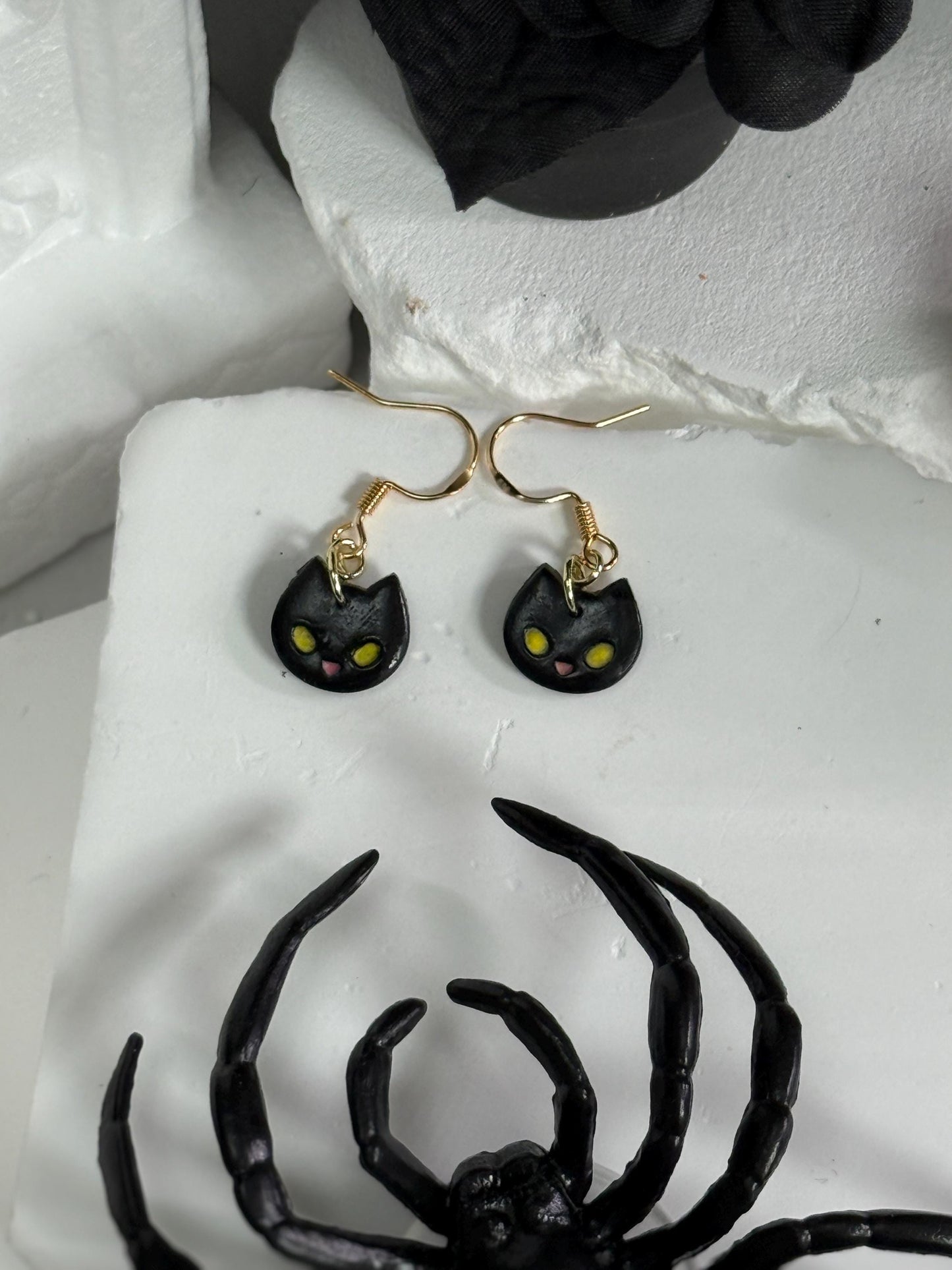 Kawaii Earrings, Whimsical Earrings – Black Cat Halloween Polymer Clay Dangles