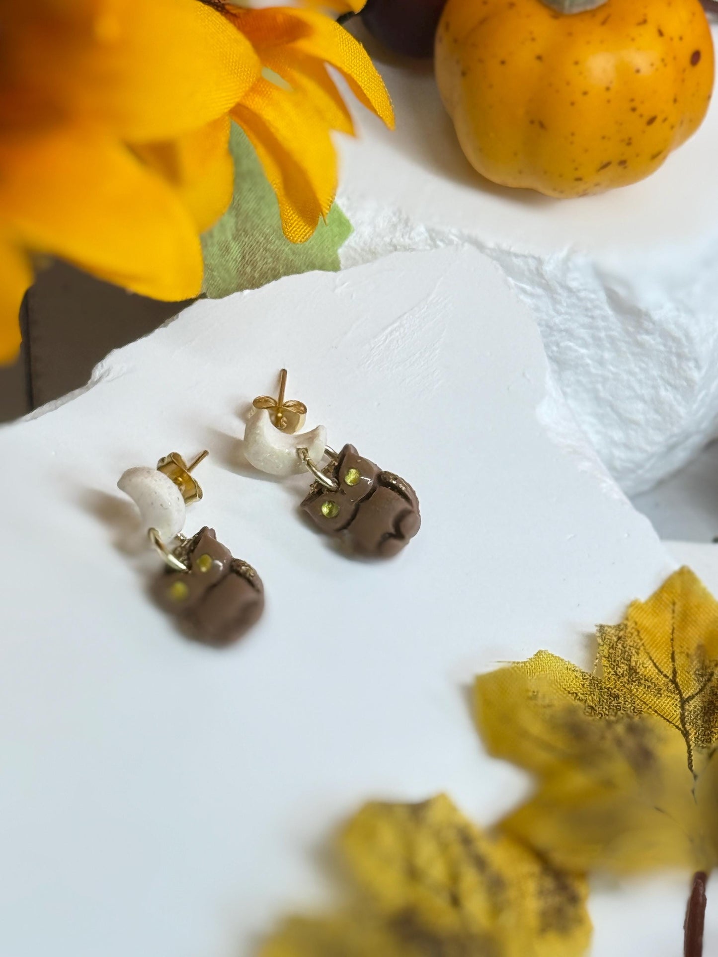 Polymer Clay Owl & Moon Earrings: Glitter Dangles, Gem Eyes