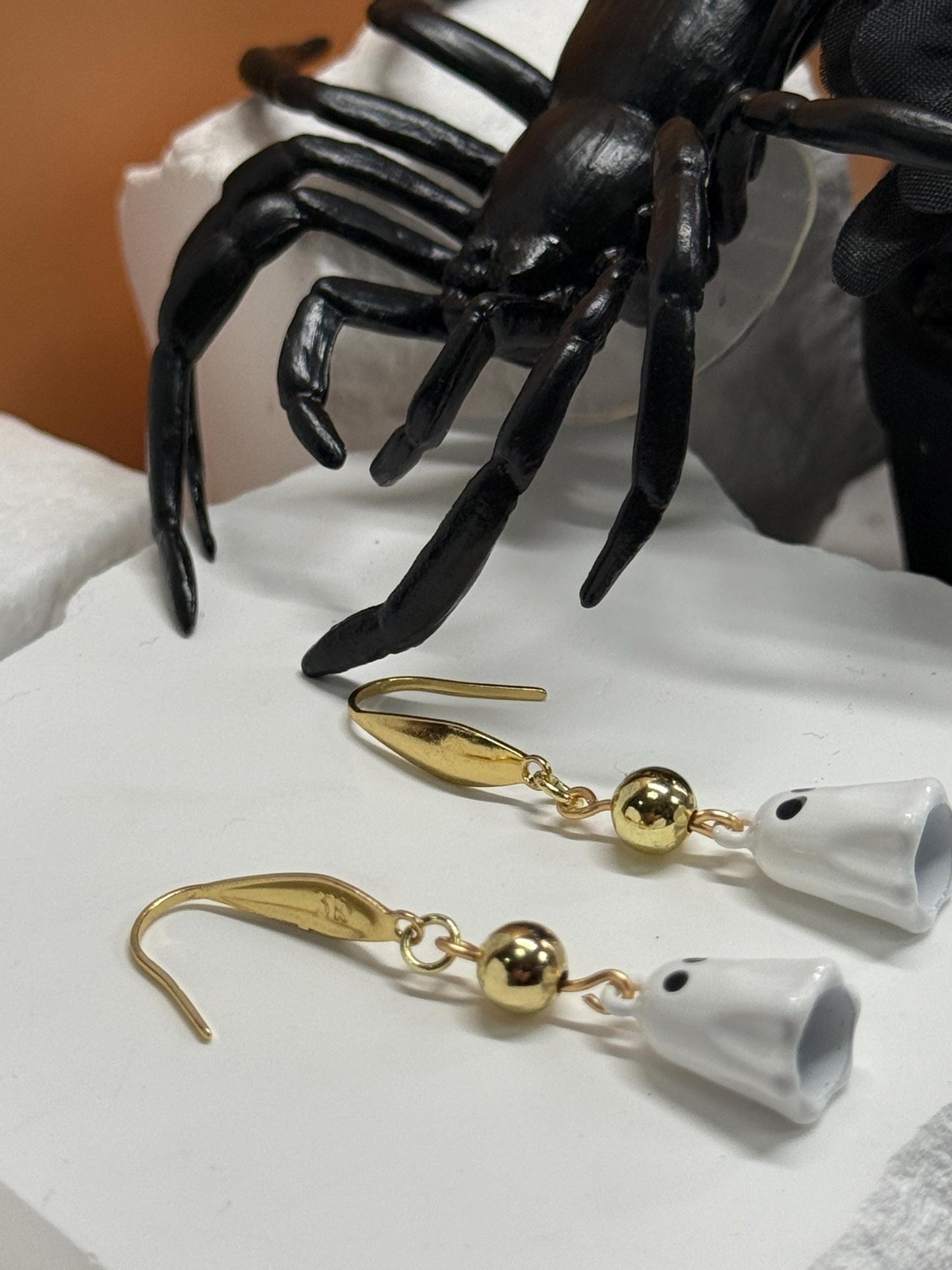 Ghost Dangle Earrings with Gold Accents | Spooky-Cute Halloween Jewelry