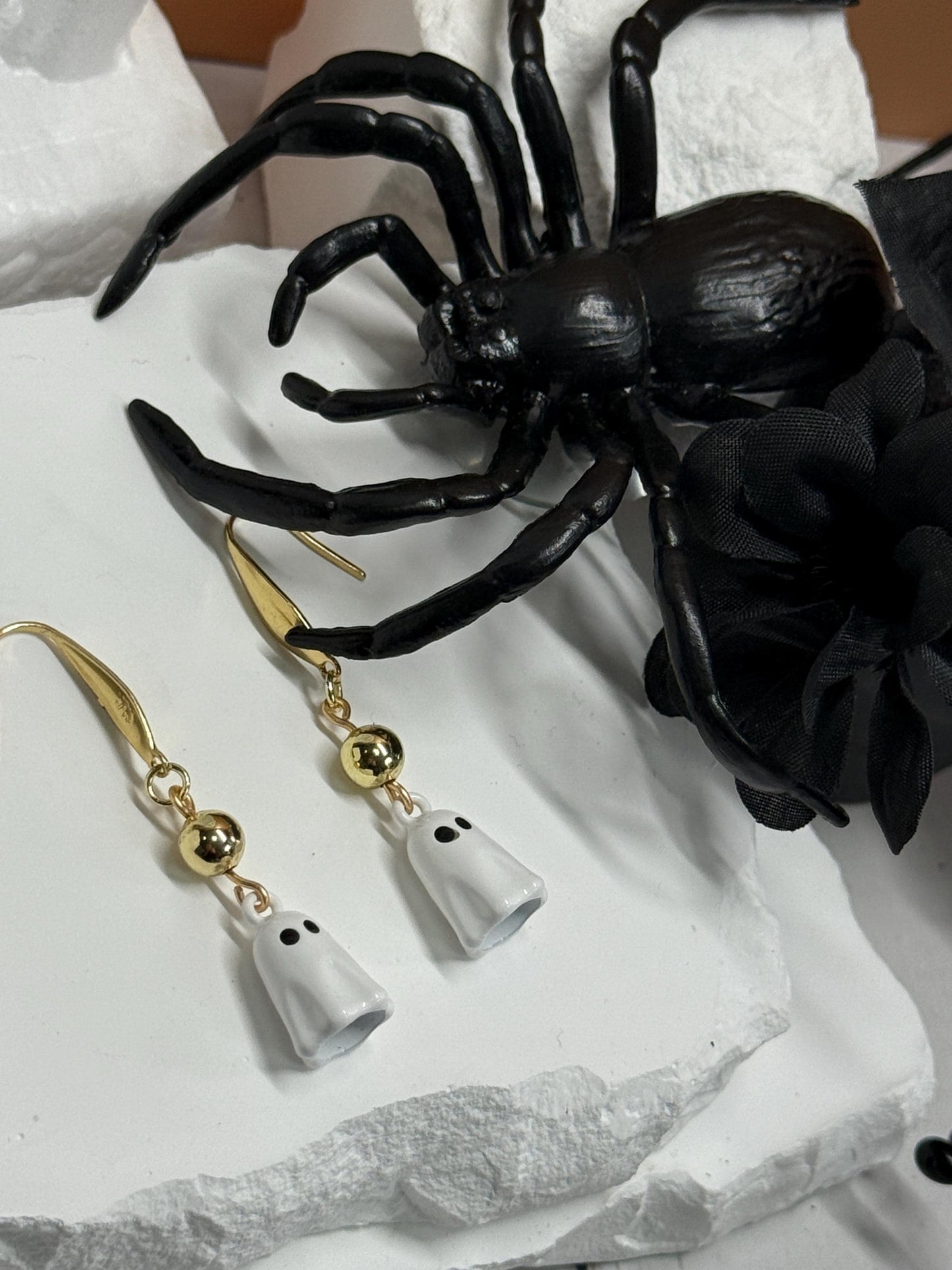 Ghost Dangle Earrings with Gold Accents | Spooky-Cute Halloween Jewelry