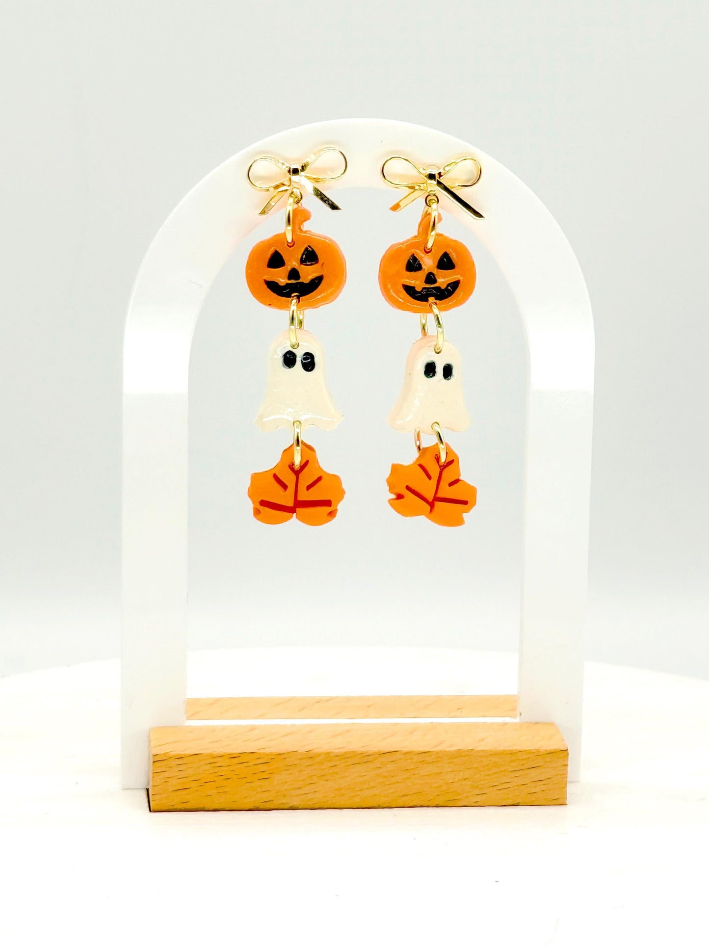 Halloween Polymer Clay Dangle Earrings: Pumpkin, Ghost & Leaf - Gold Bow